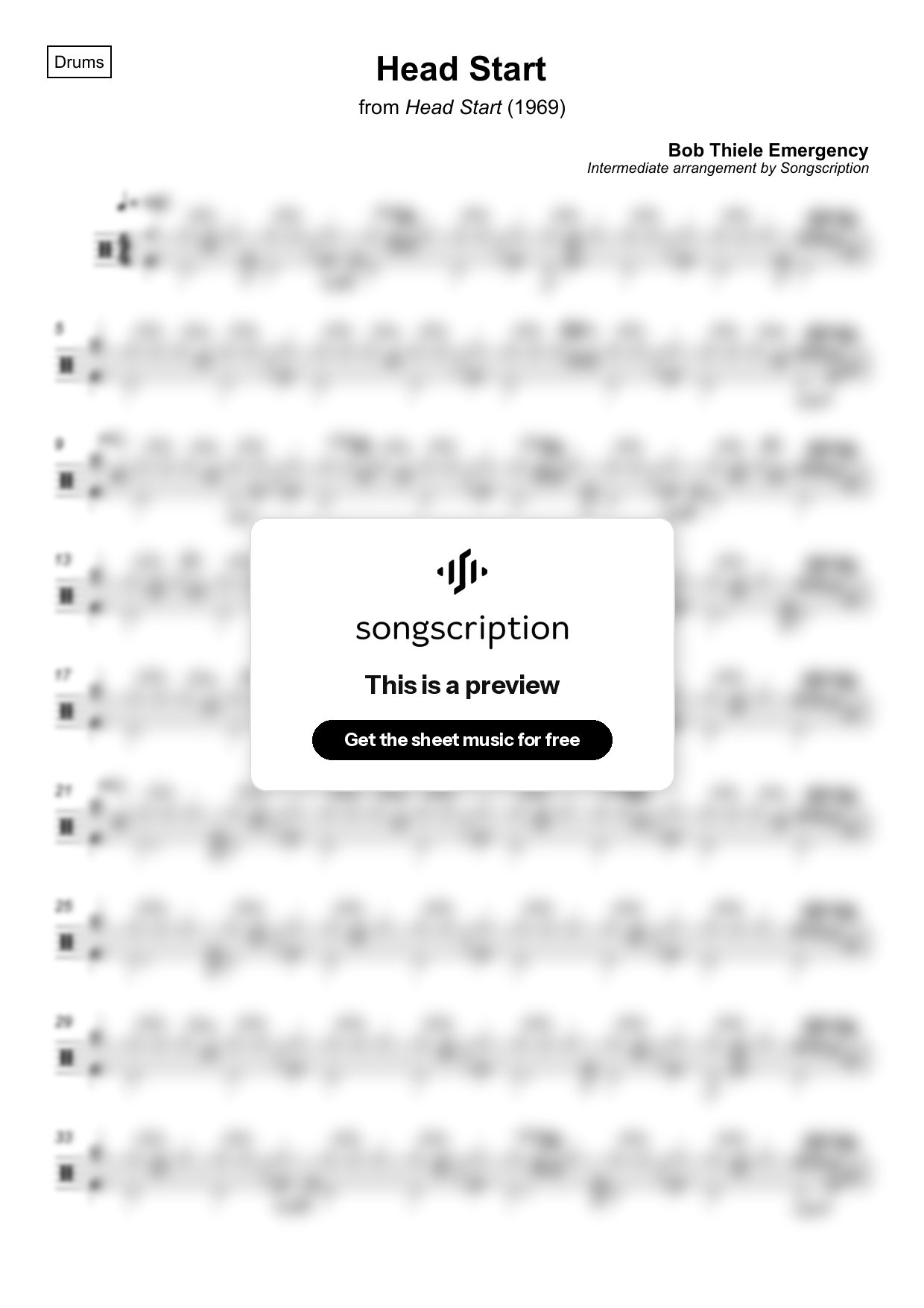 Intermediate Drums Sheet Music for "Head Start" by Bob Thiele Emergency