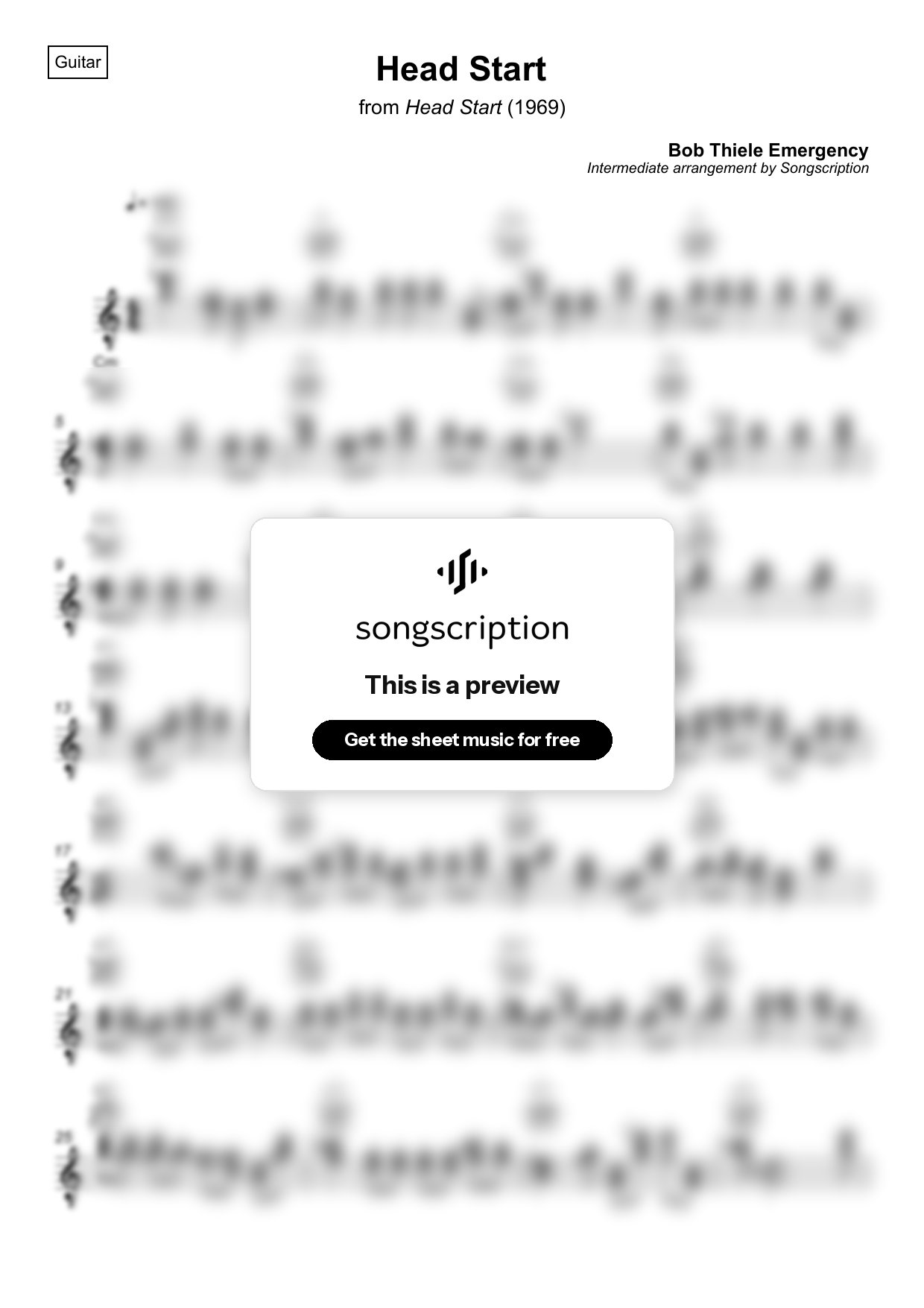 Intermediate Acoustic Guitar Sheet Music for "Head Start" by Bob Thiele Emergency