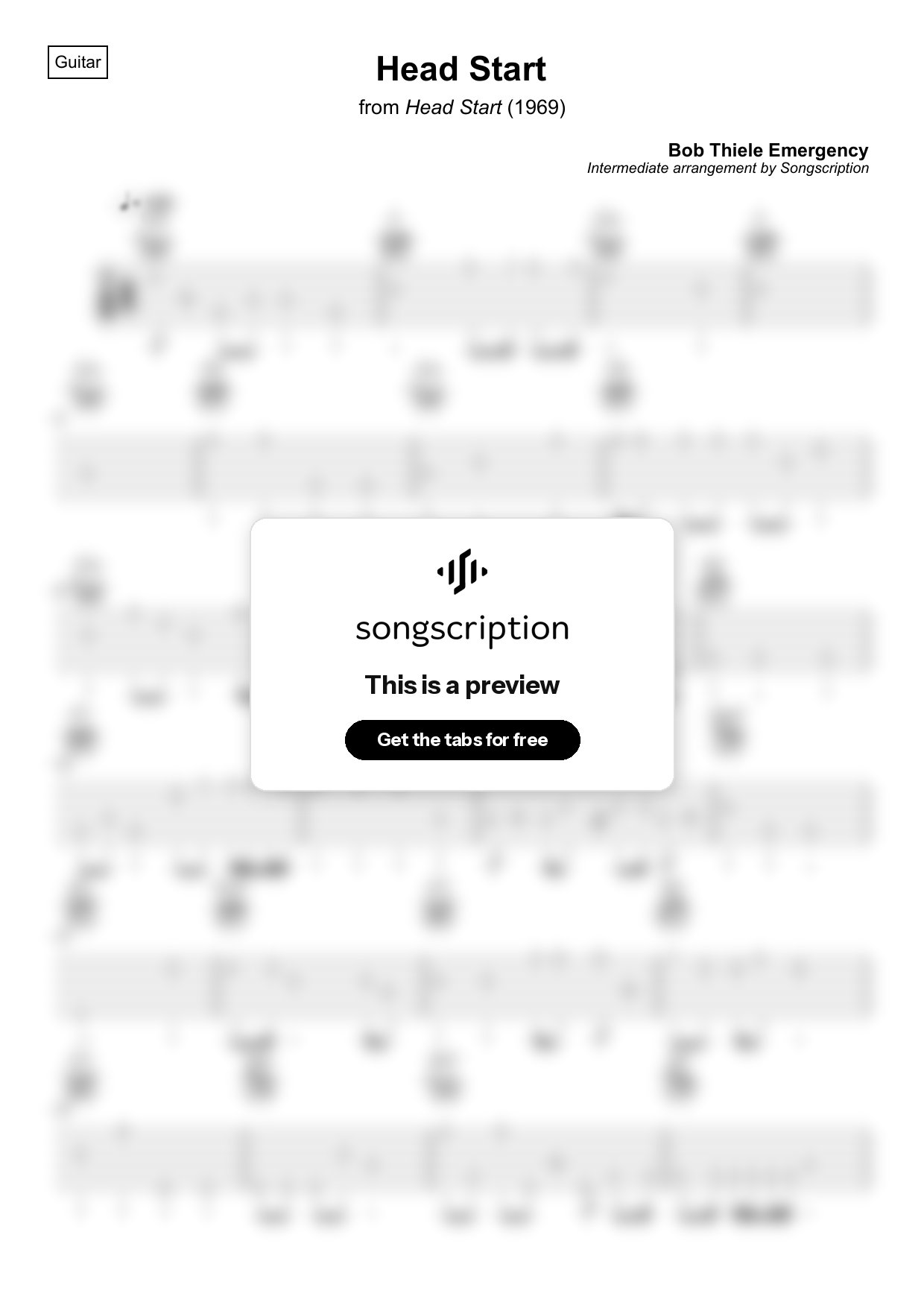 Intermediate Acoustic Guitar Tabs for "Head Start" by Bob Thiele Emergency