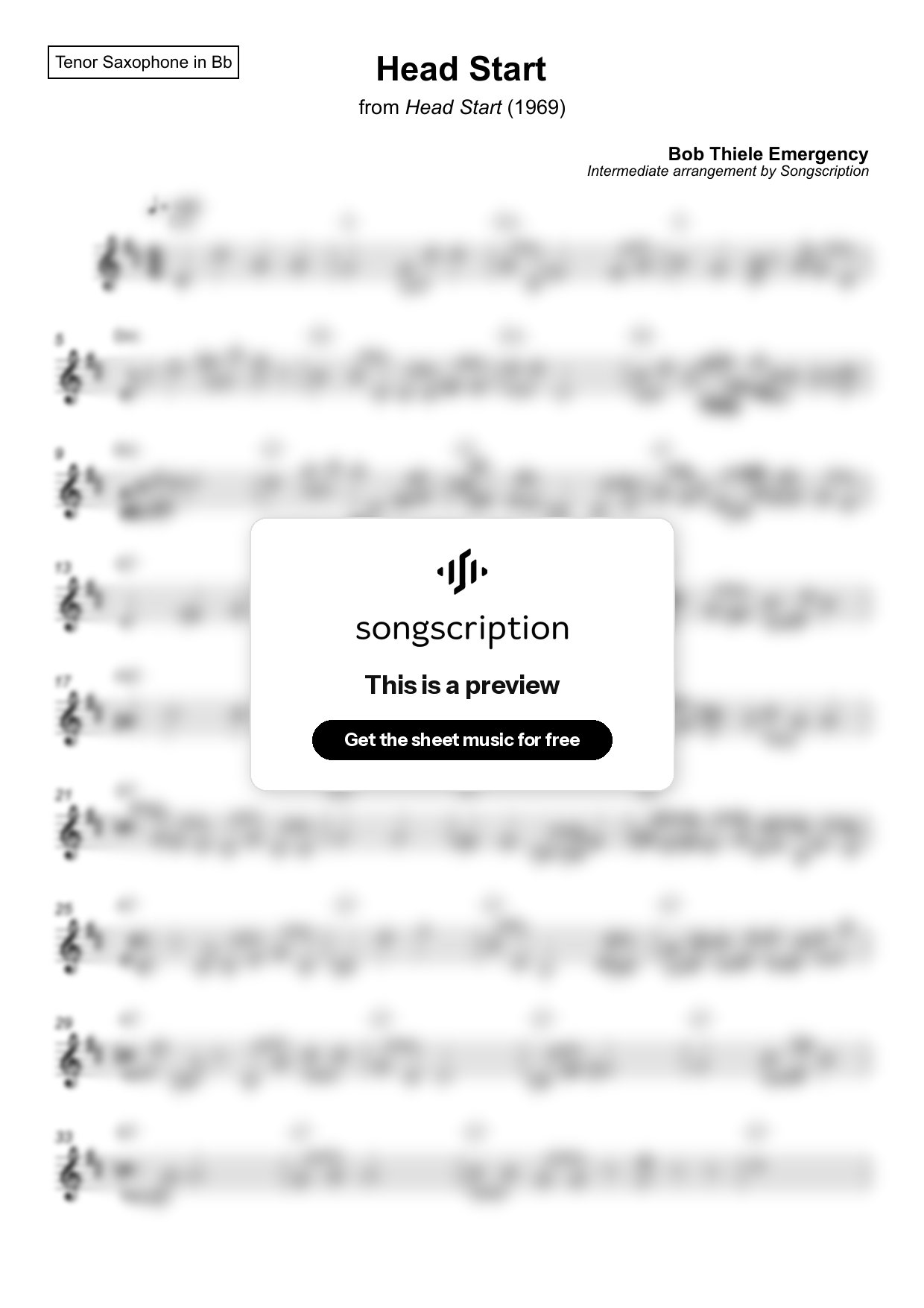 Intermediate Tenor Sax Sheet Music for "Head Start" by Bob Thiele Emergency