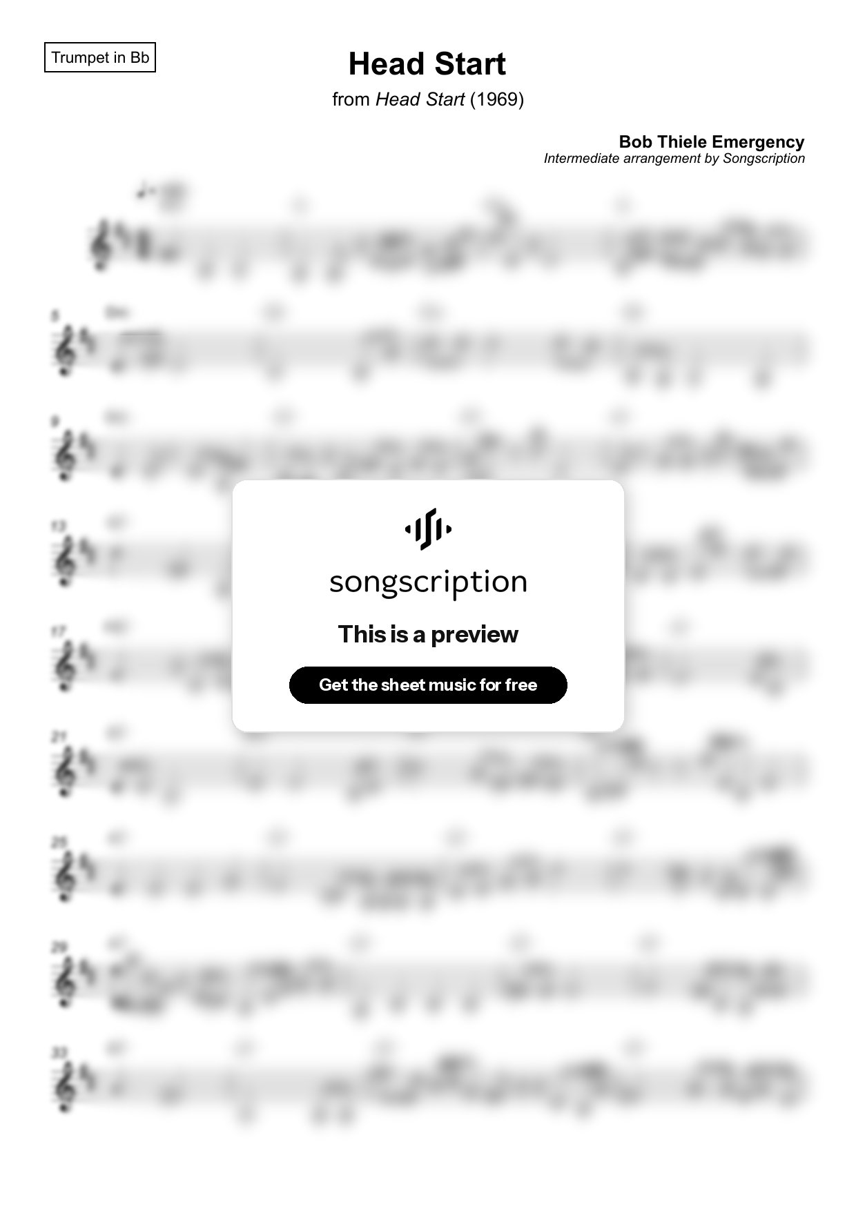 Intermediate Trumpet Sheet Music for "Head Start" by Bob Thiele Emergency