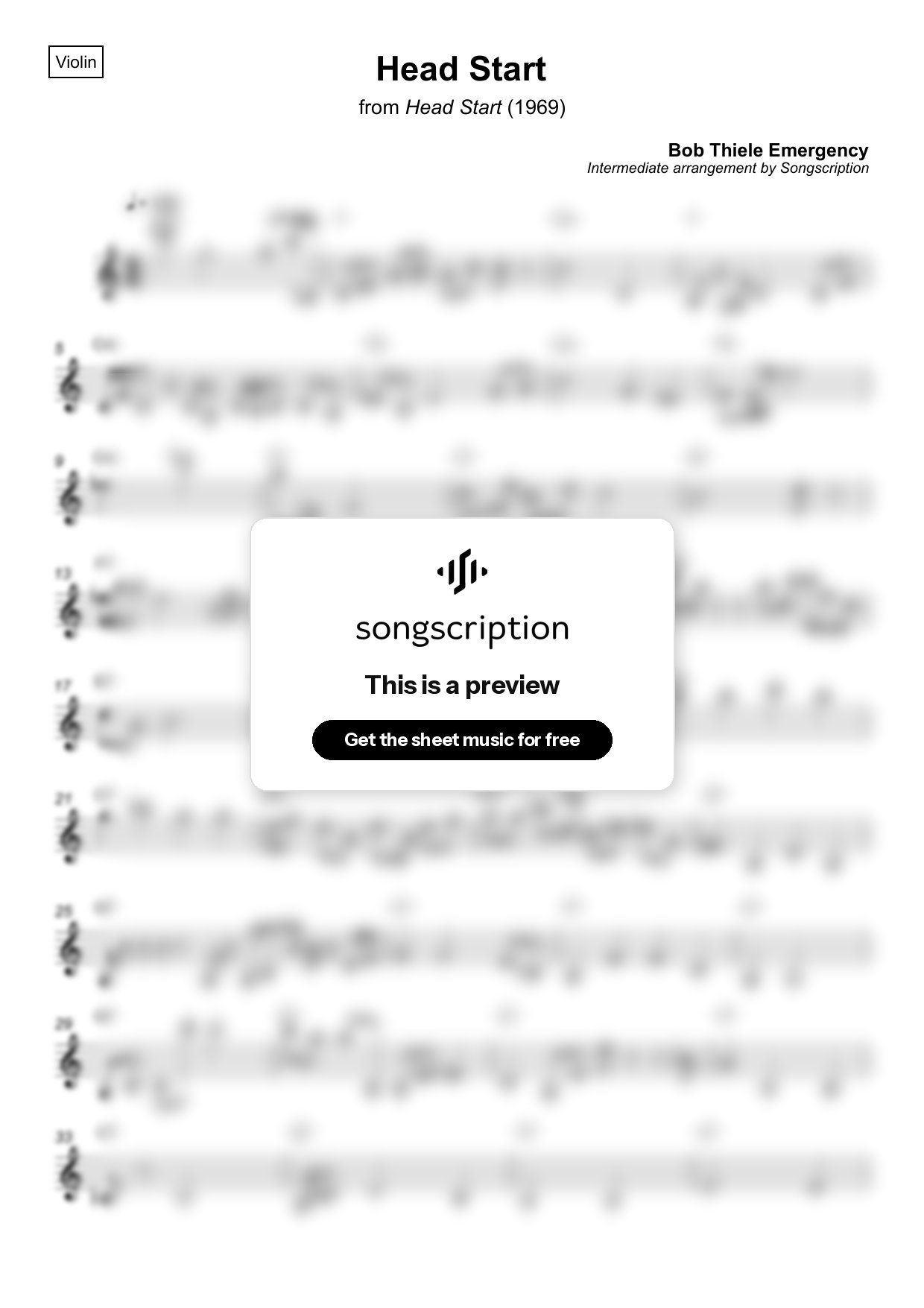 Intermediate Violin Sheet Music for "Head Start" by Bob Thiele Emergency