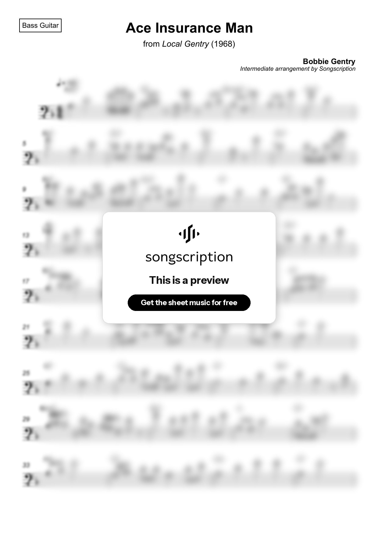 Intermediate Bass Guitar Sheet Music for "Ace Insurance Man" by Bobbie Gentry