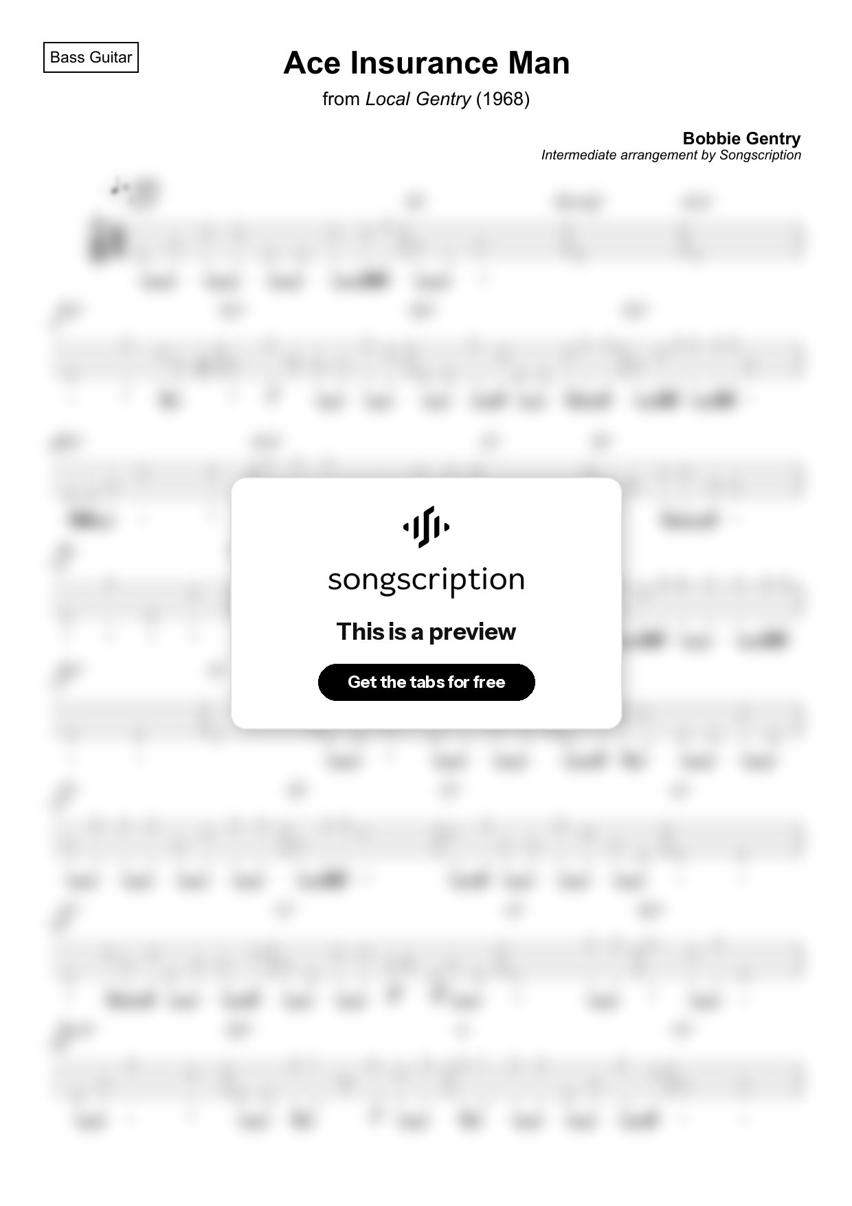 Intermediate Bass Guitar Tabs for "Ace Insurance Man" by Bobbie Gentry
