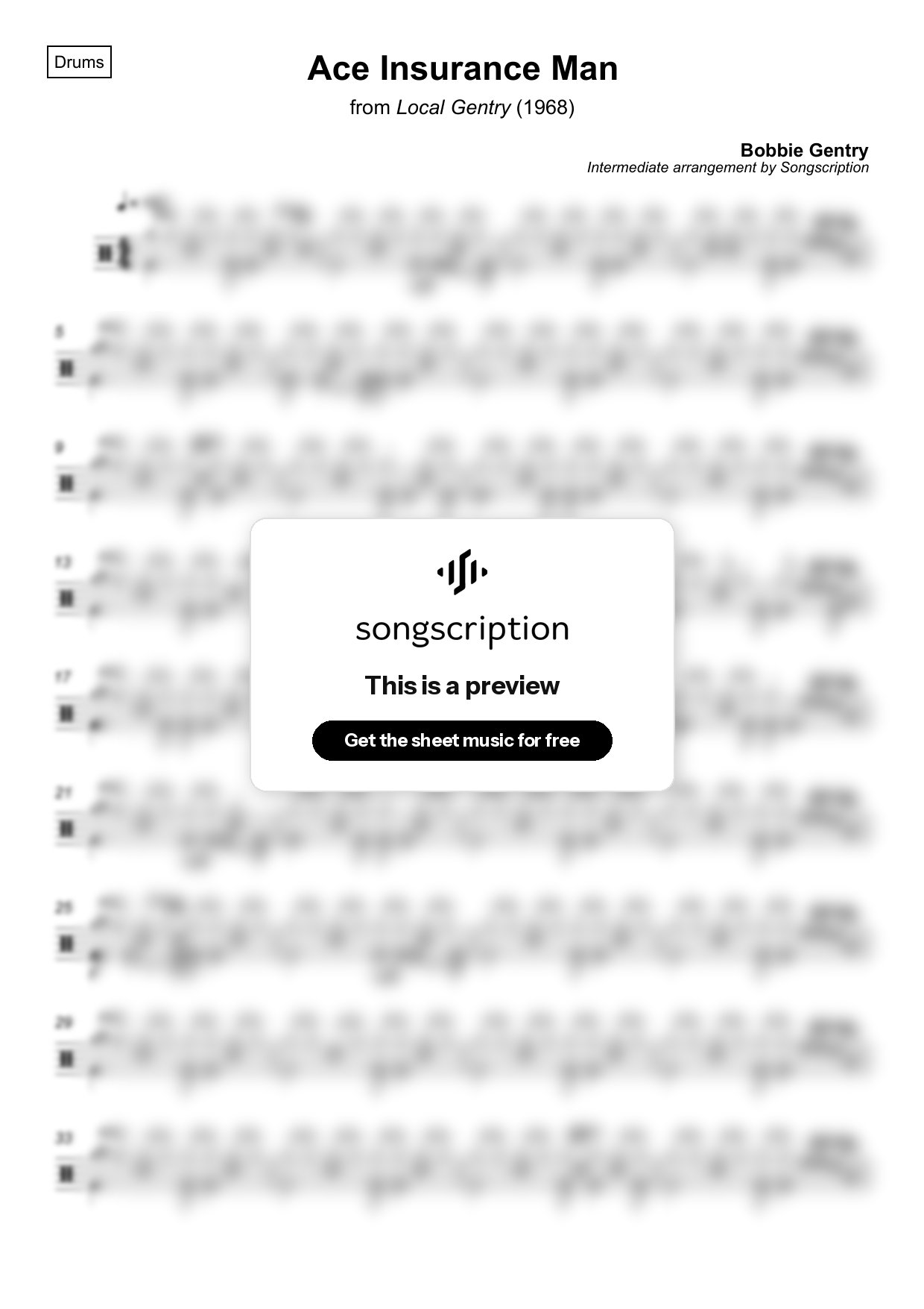Intermediate Drums Sheet Music for "Ace Insurance Man" by Bobbie Gentry