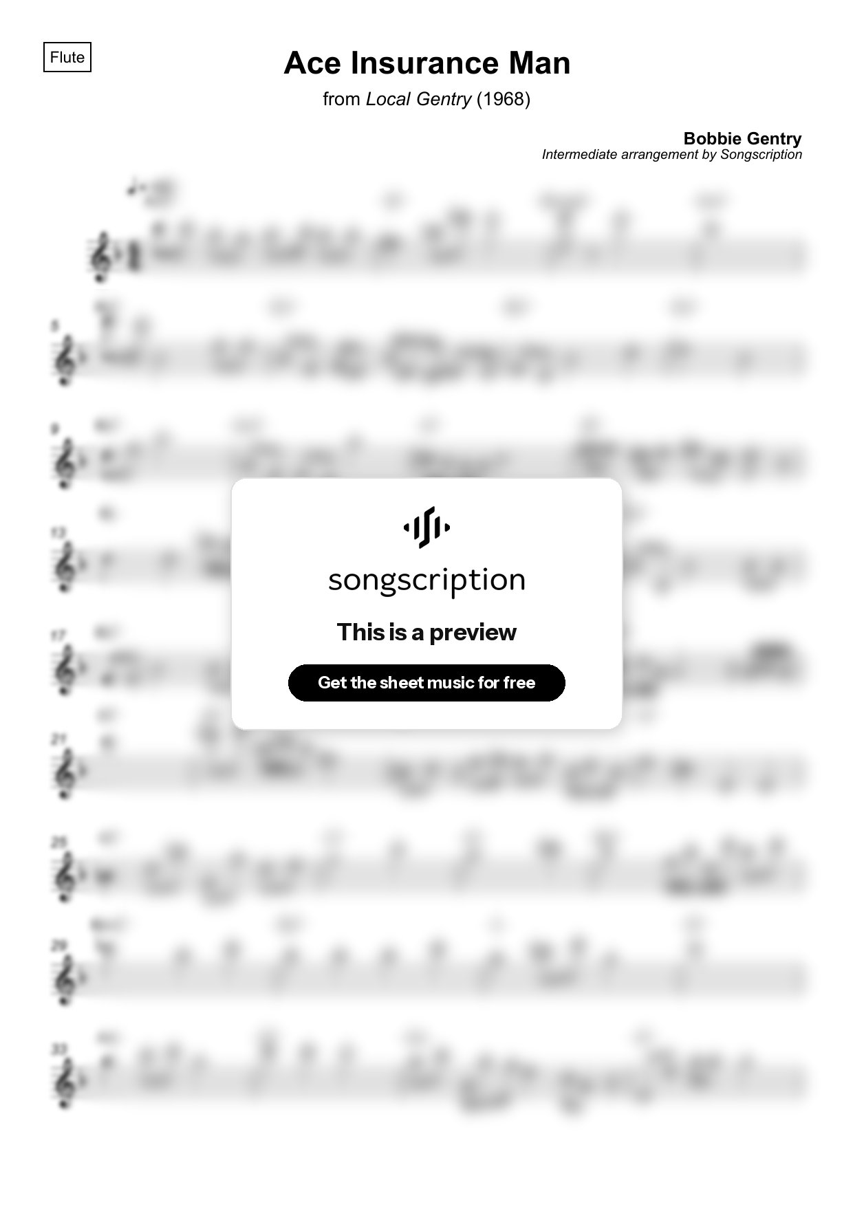 Intermediate Flute Sheet Music for "Ace Insurance Man" by Bobbie Gentry