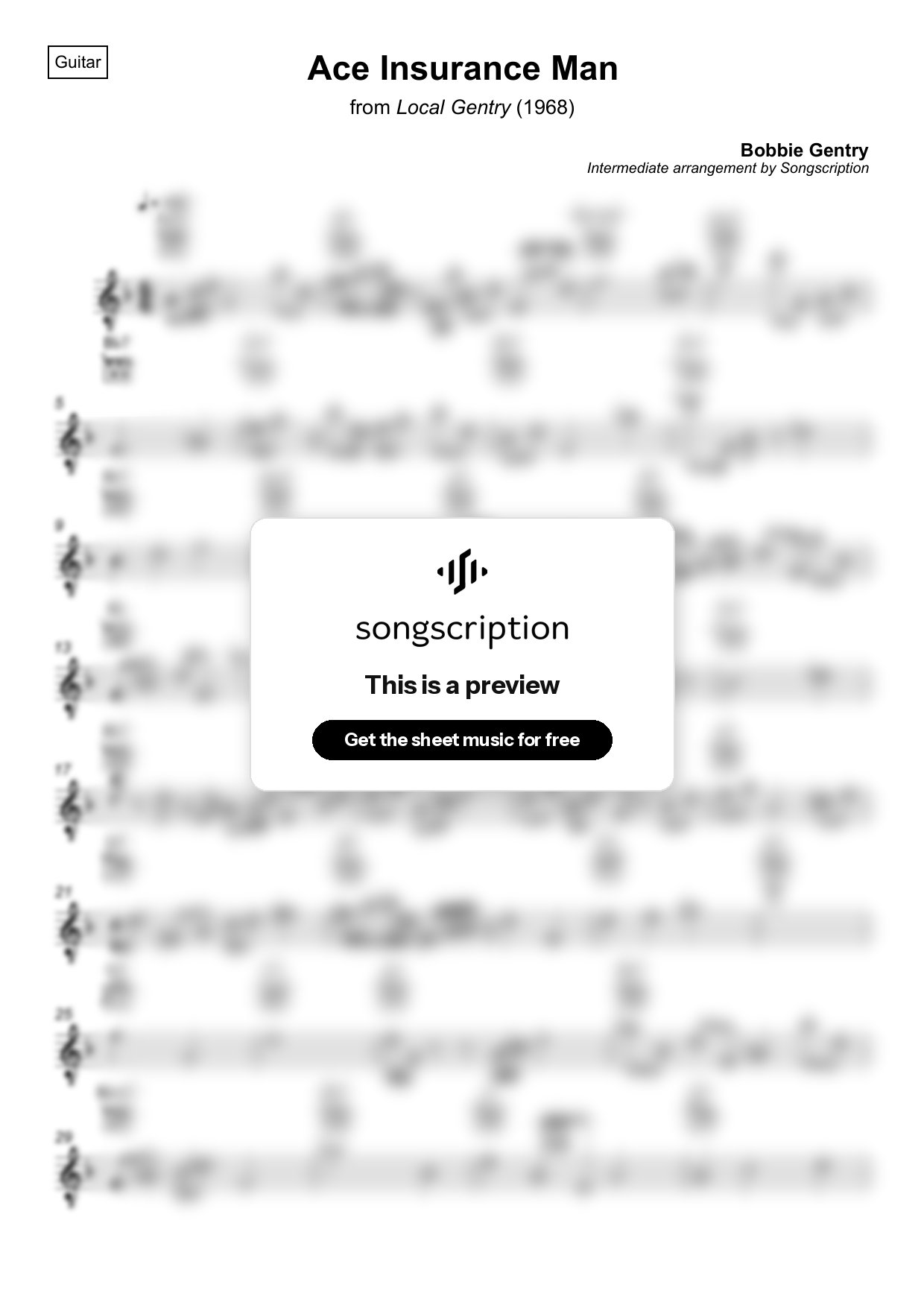 Intermediate Acoustic Guitar Sheet Music for "Ace Insurance Man" by Bobbie Gentry