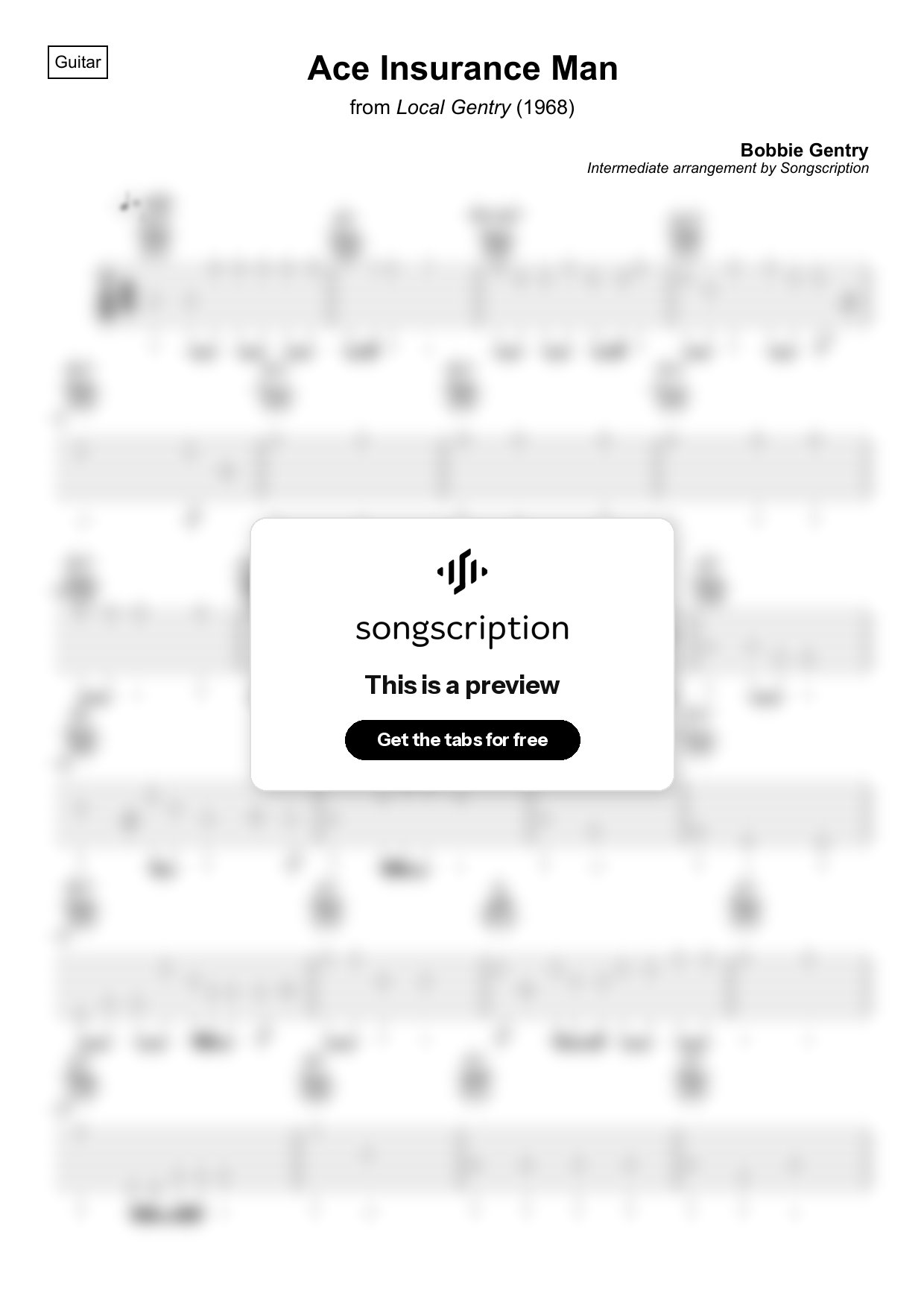 Intermediate Acoustic Guitar Tabs for "Ace Insurance Man" by Bobbie Gentry