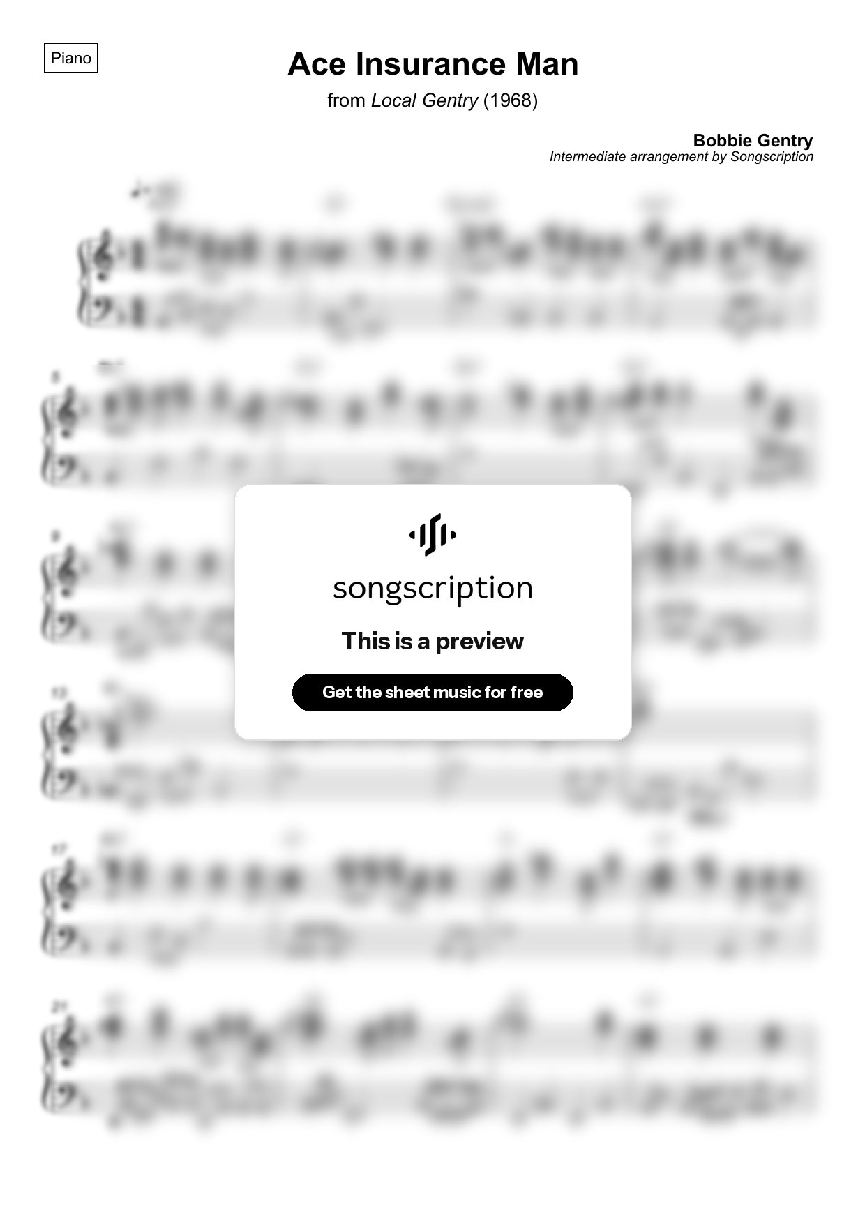 Intermediate Piano Sheet Music for "Ace Insurance Man" by Bobbie Gentry