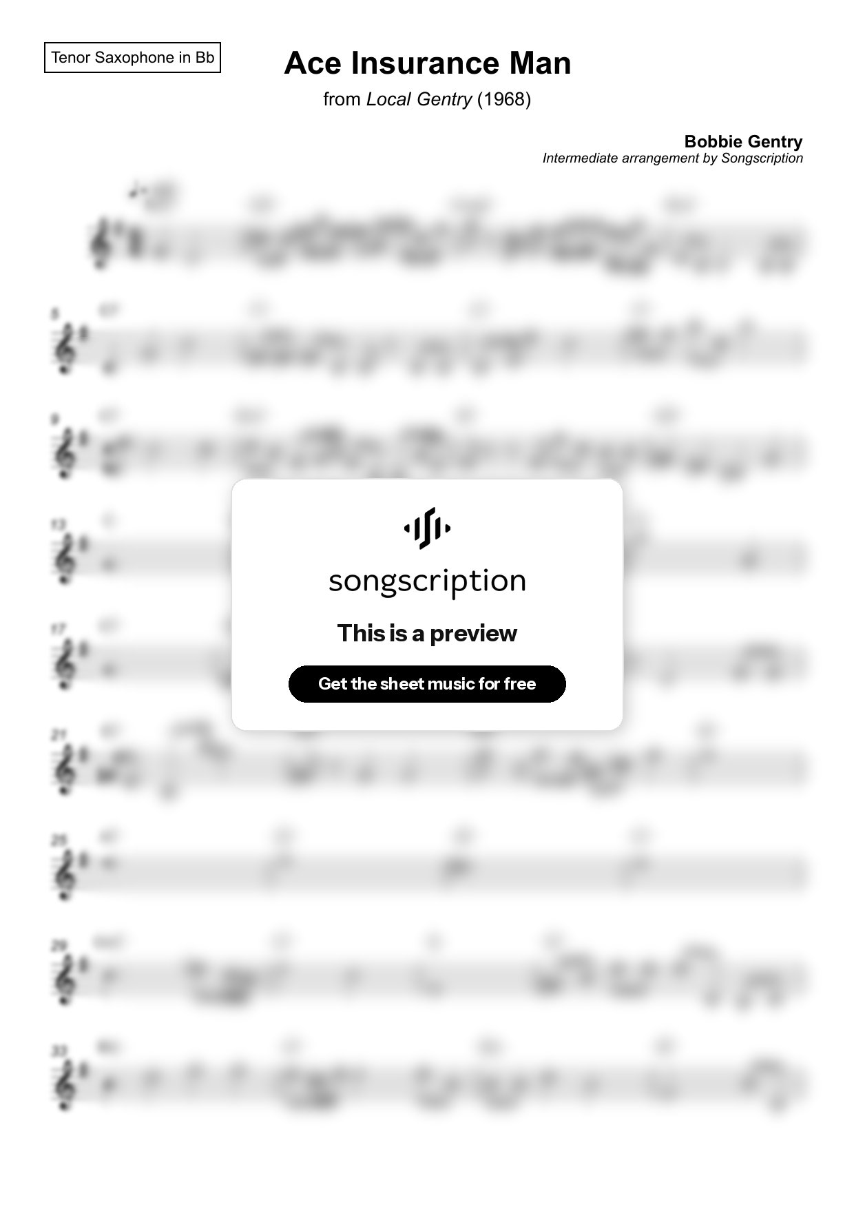 Intermediate Tenor Sax Sheet Music for "Ace Insurance Man" by Bobbie Gentry