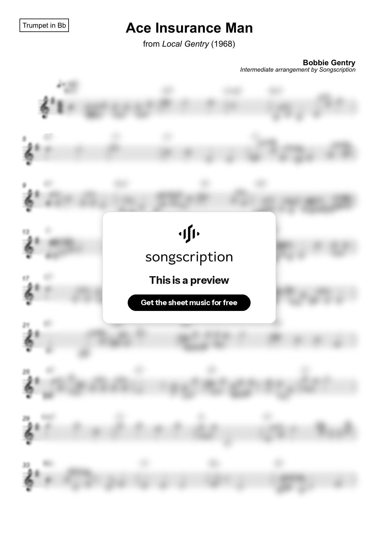 Intermediate Trumpet Sheet Music for "Ace Insurance Man" by Bobbie Gentry