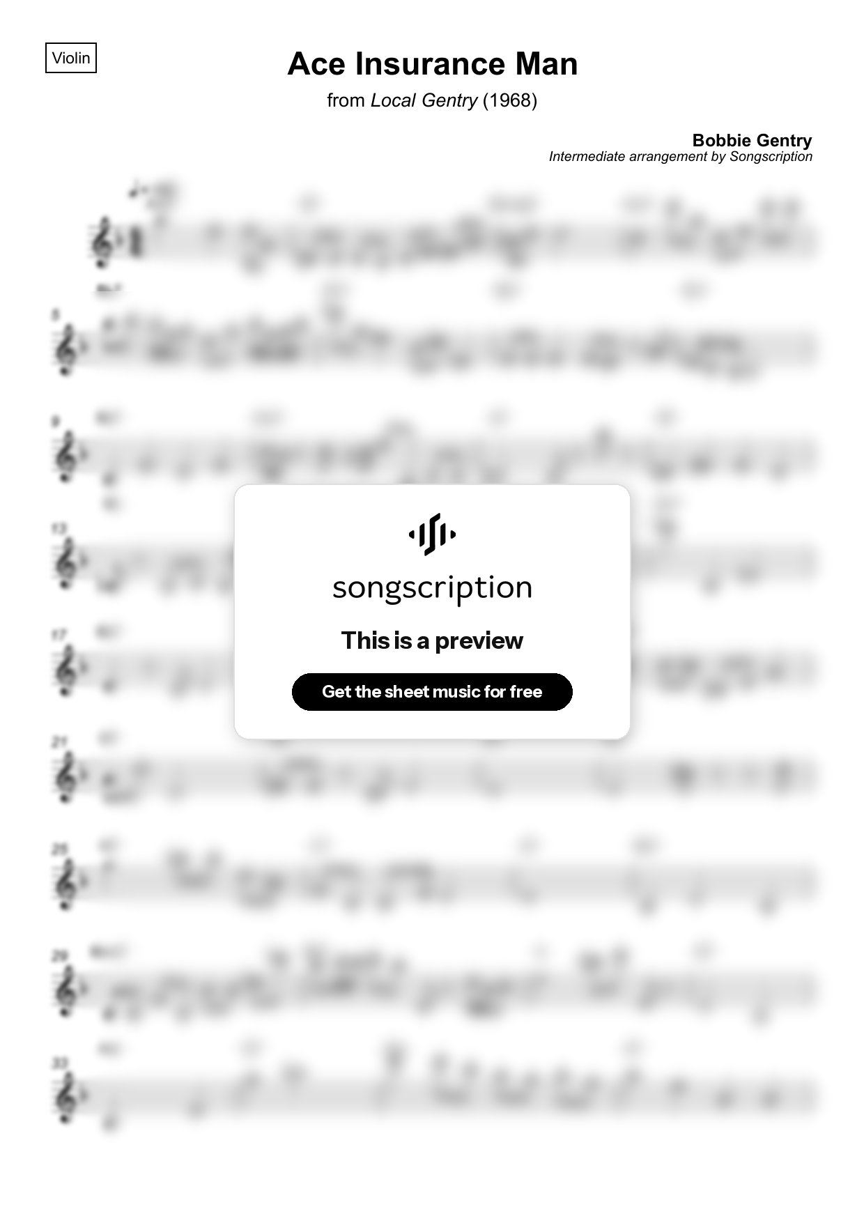 Intermediate Violin Sheet Music for "Ace Insurance Man" by Bobbie Gentry