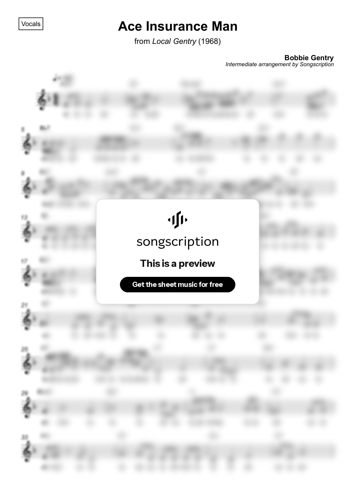 Intermediate Vocals Sheet Music for "Ace Insurance Man" by Bobbie Gentry
