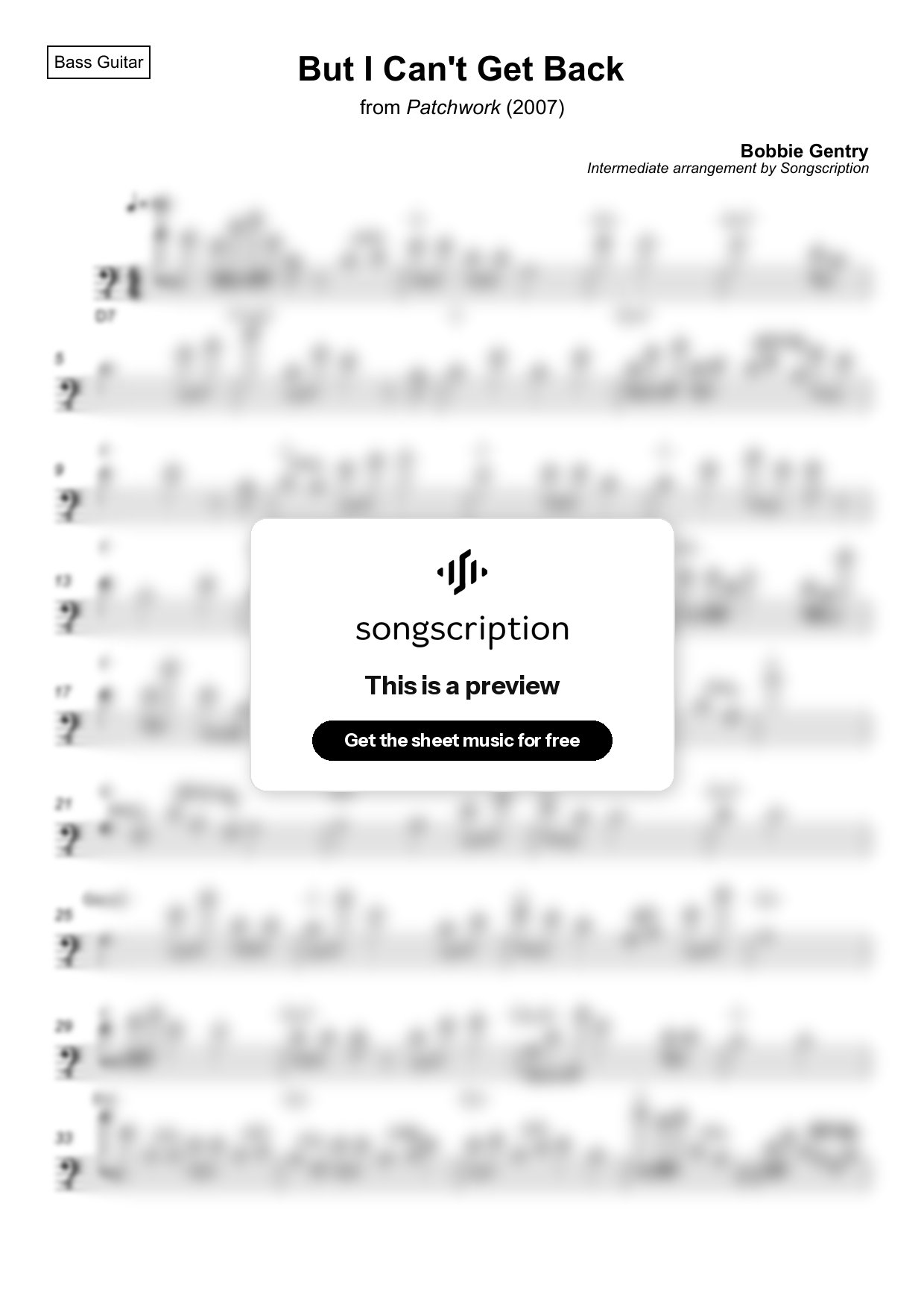 Intermediate Bass Guitar Sheet Music for "But I Can't Get Back" by Bobbie Gentry