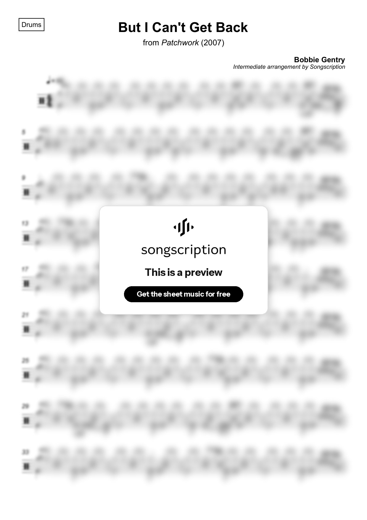 Intermediate Drums Sheet Music for "But I Can't Get Back" by Bobbie Gentry