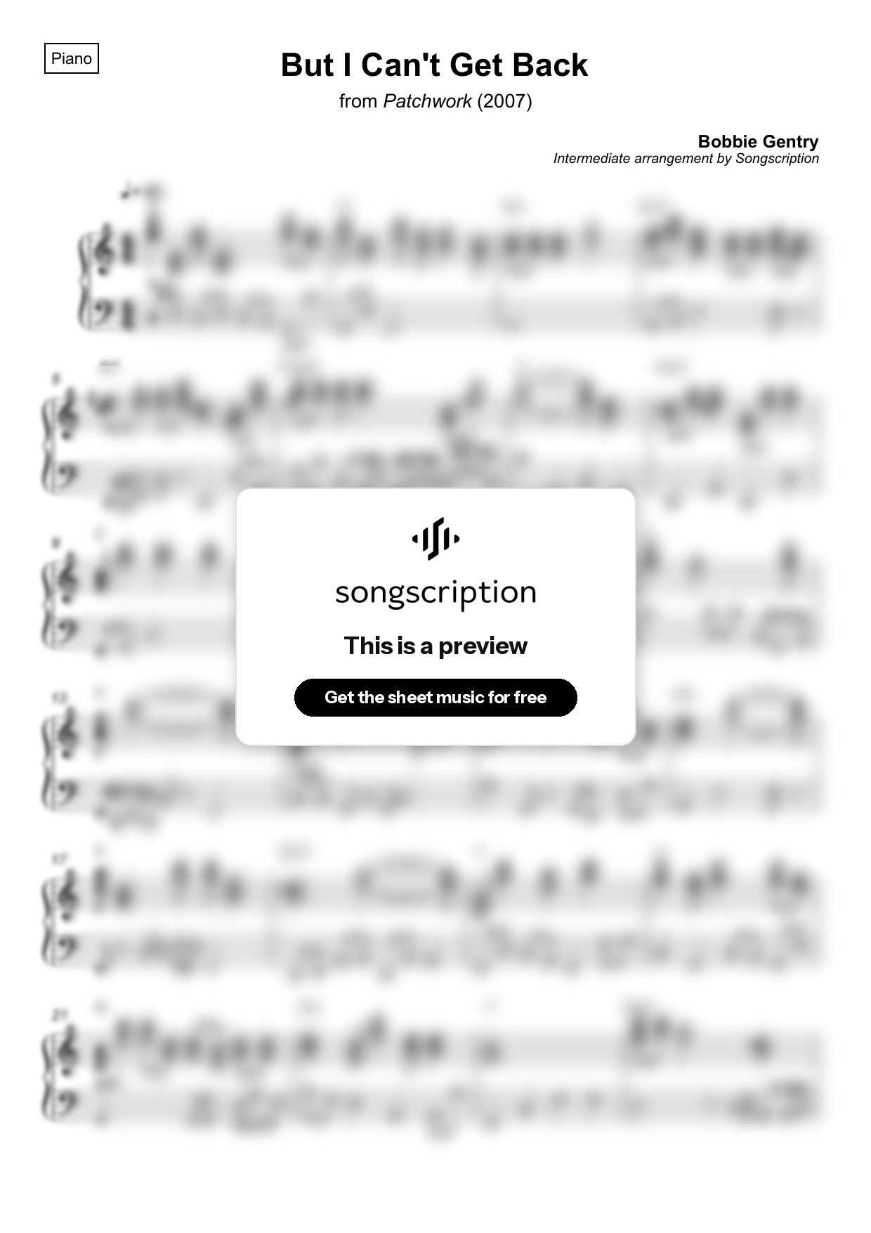 Intermediate Piano Sheet Music for "But I Can't Get Back" by Bobbie Gentry