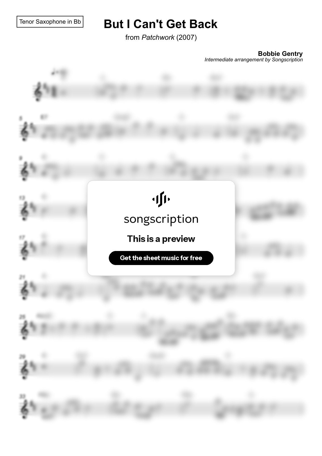 Intermediate Tenor Sax Sheet Music for "But I Can't Get Back" by Bobbie Gentry