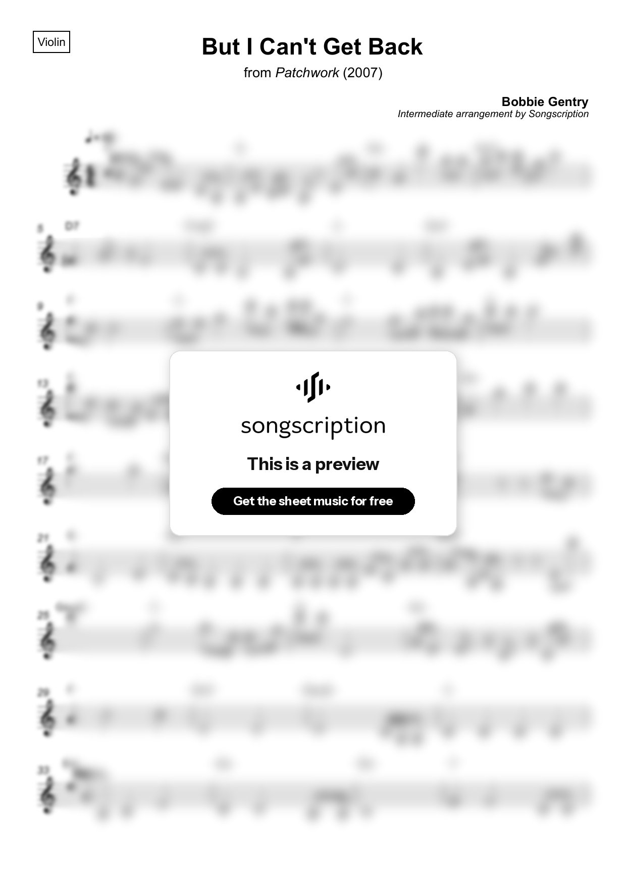 Intermediate Violin Sheet Music for "But I Can't Get Back" by Bobbie Gentry