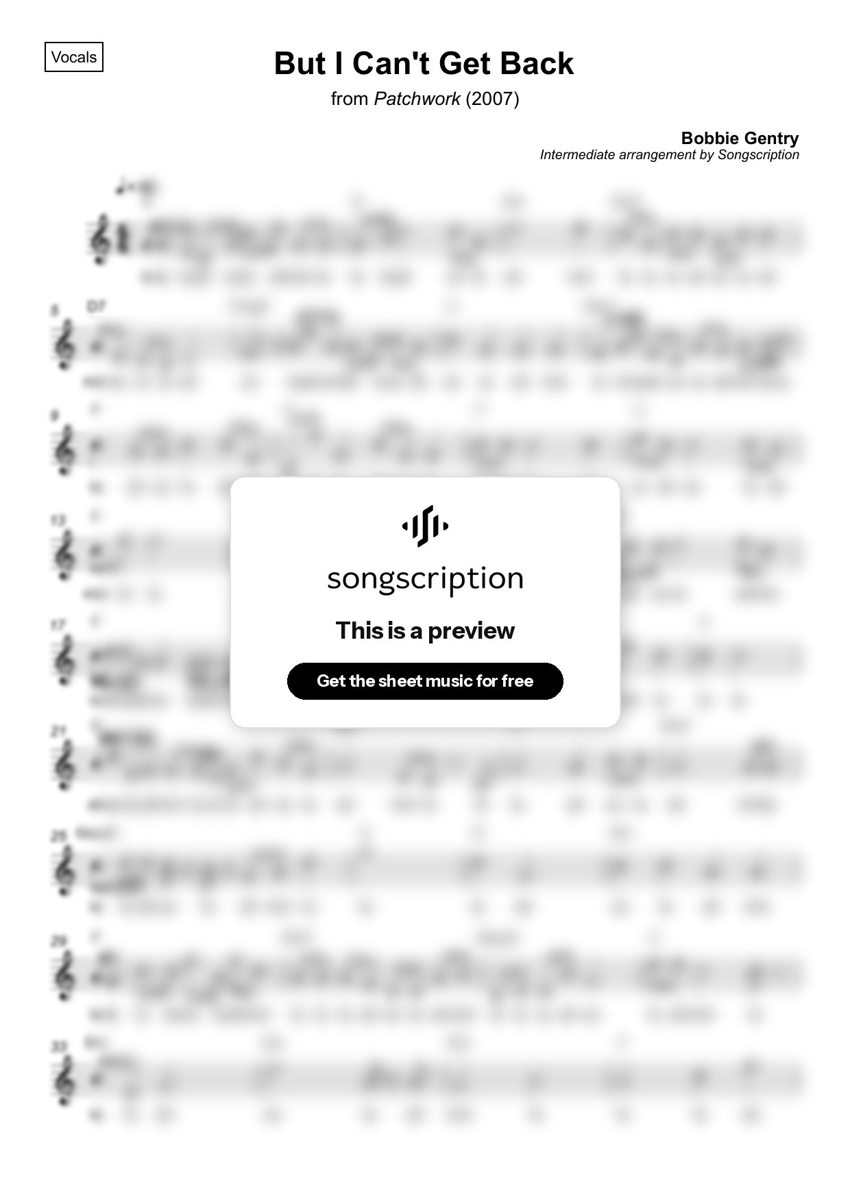 Intermediate Vocals Sheet Music for "But I Can't Get Back" by Bobbie Gentry