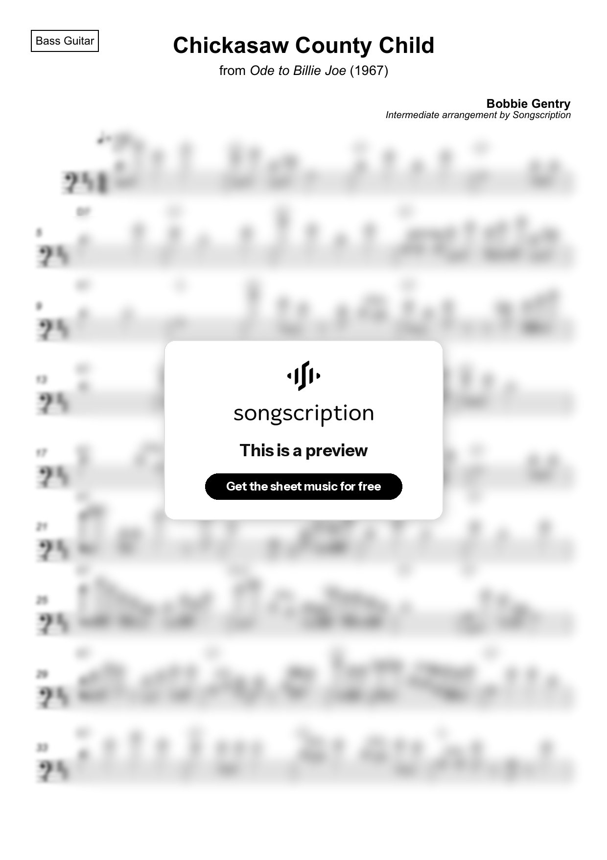 Intermediate Bass Guitar Sheet Music for "Chickasaw County Child" by Bobbie Gentry