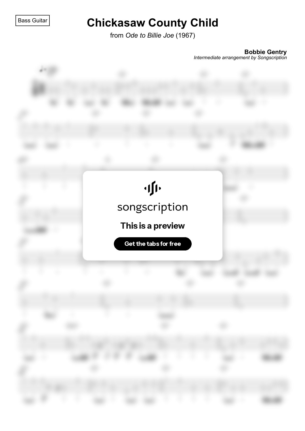 Intermediate Bass Guitar Tabs for "Chickasaw County Child" by Bobbie Gentry