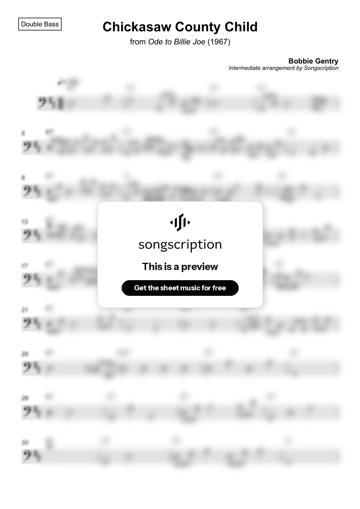 Intermediate Double Bass Sheet Music for "Chickasaw County Child" by Bobbie Gentry