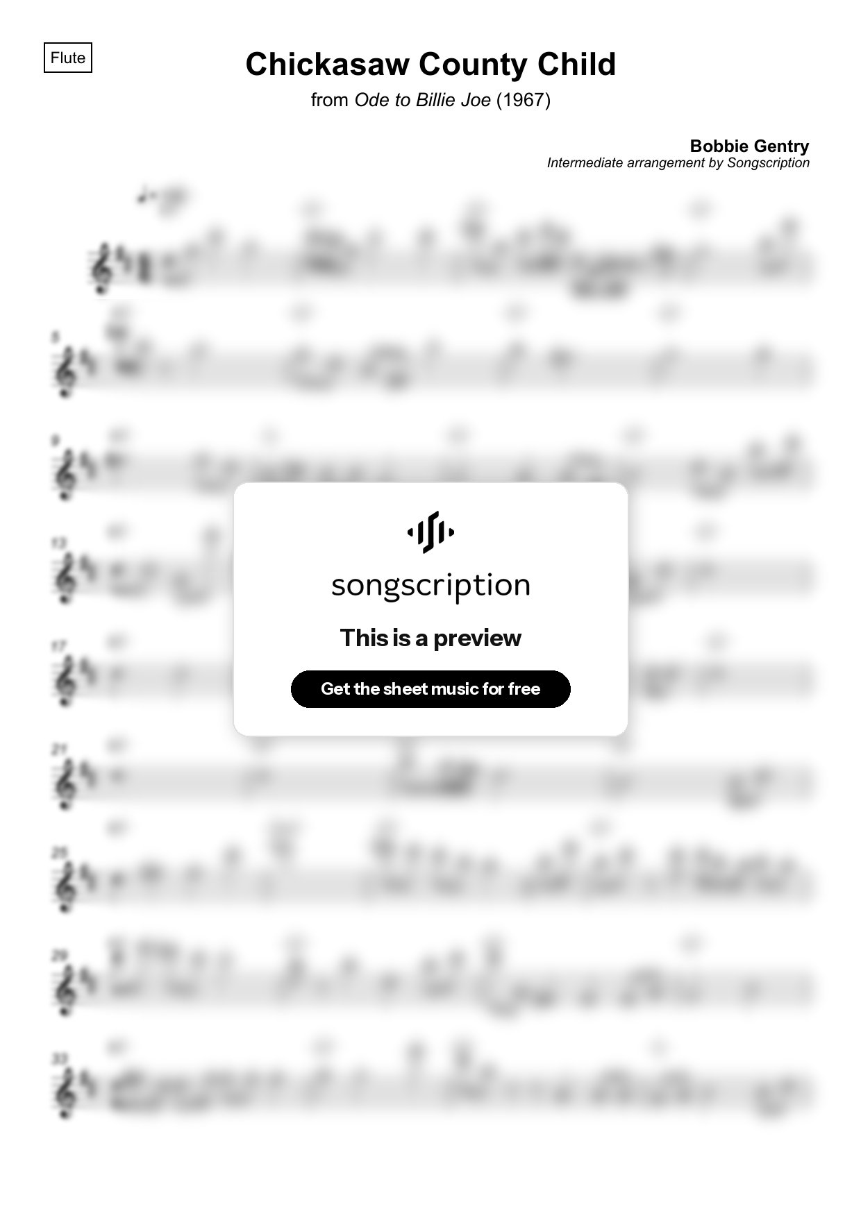 Intermediate Flute Sheet Music for "Chickasaw County Child" by Bobbie Gentry