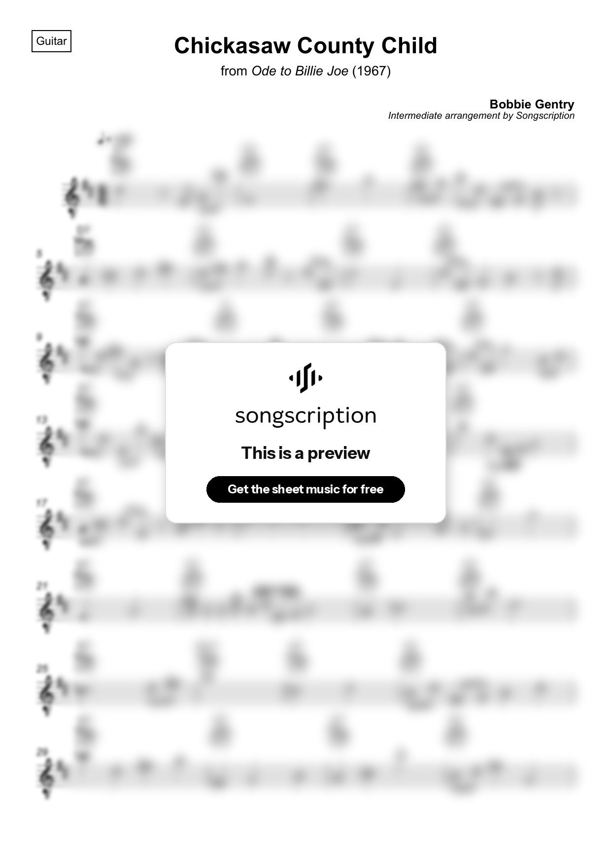 Intermediate Acoustic Guitar Sheet Music for "Chickasaw County Child" by Bobbie Gentry