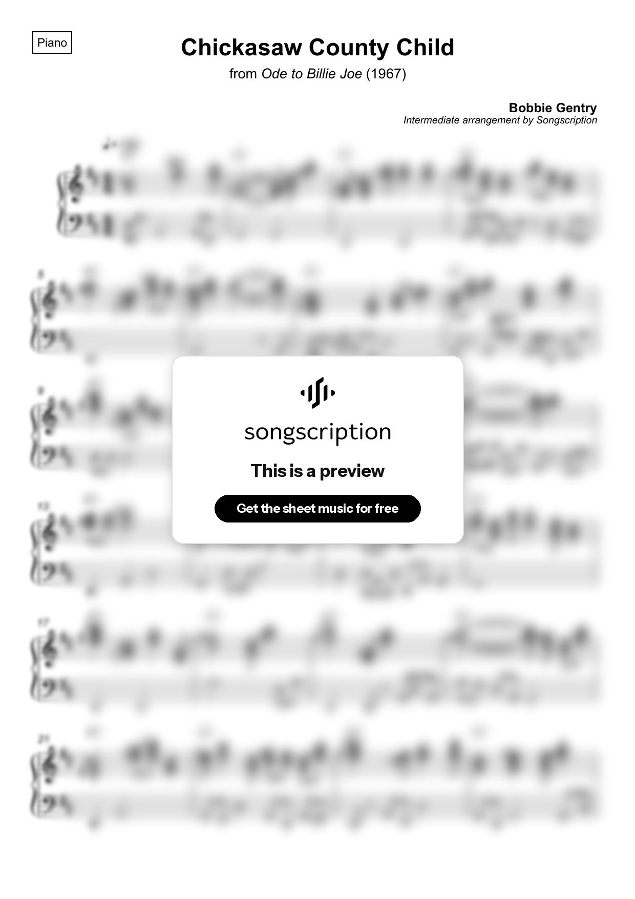 Intermediate Piano Sheet Music for "Chickasaw County Child" by Bobbie Gentry