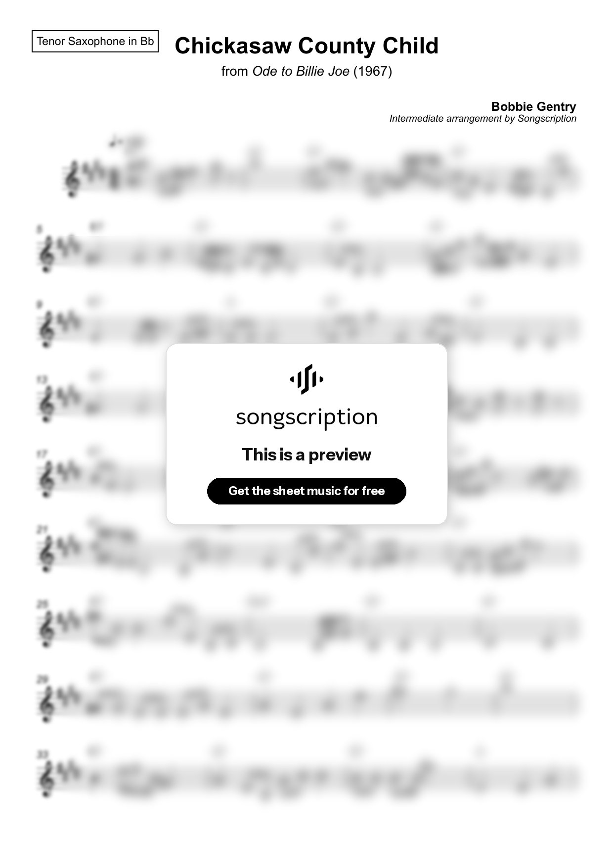 Intermediate Tenor Sax Sheet Music for "Chickasaw County Child" by Bobbie Gentry