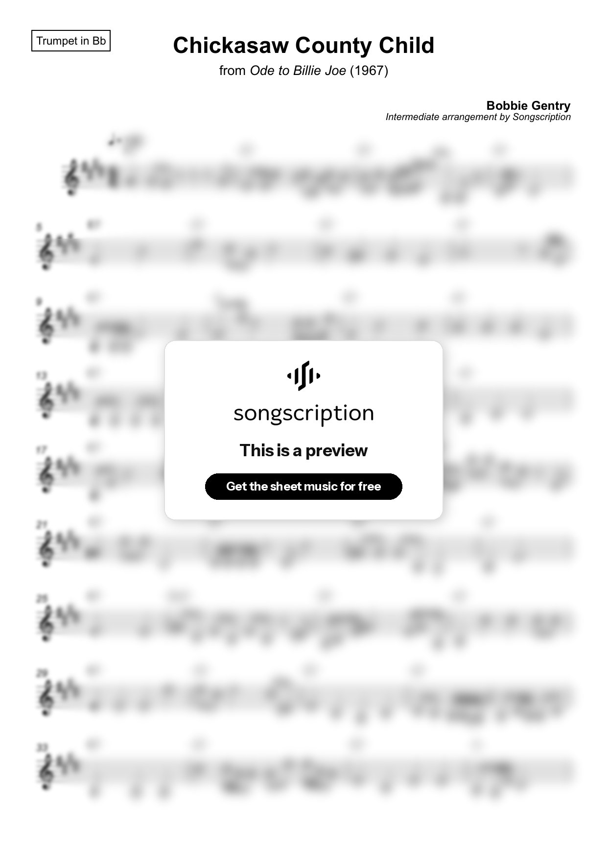 Intermediate Trumpet Sheet Music for "Chickasaw County Child" by Bobbie Gentry