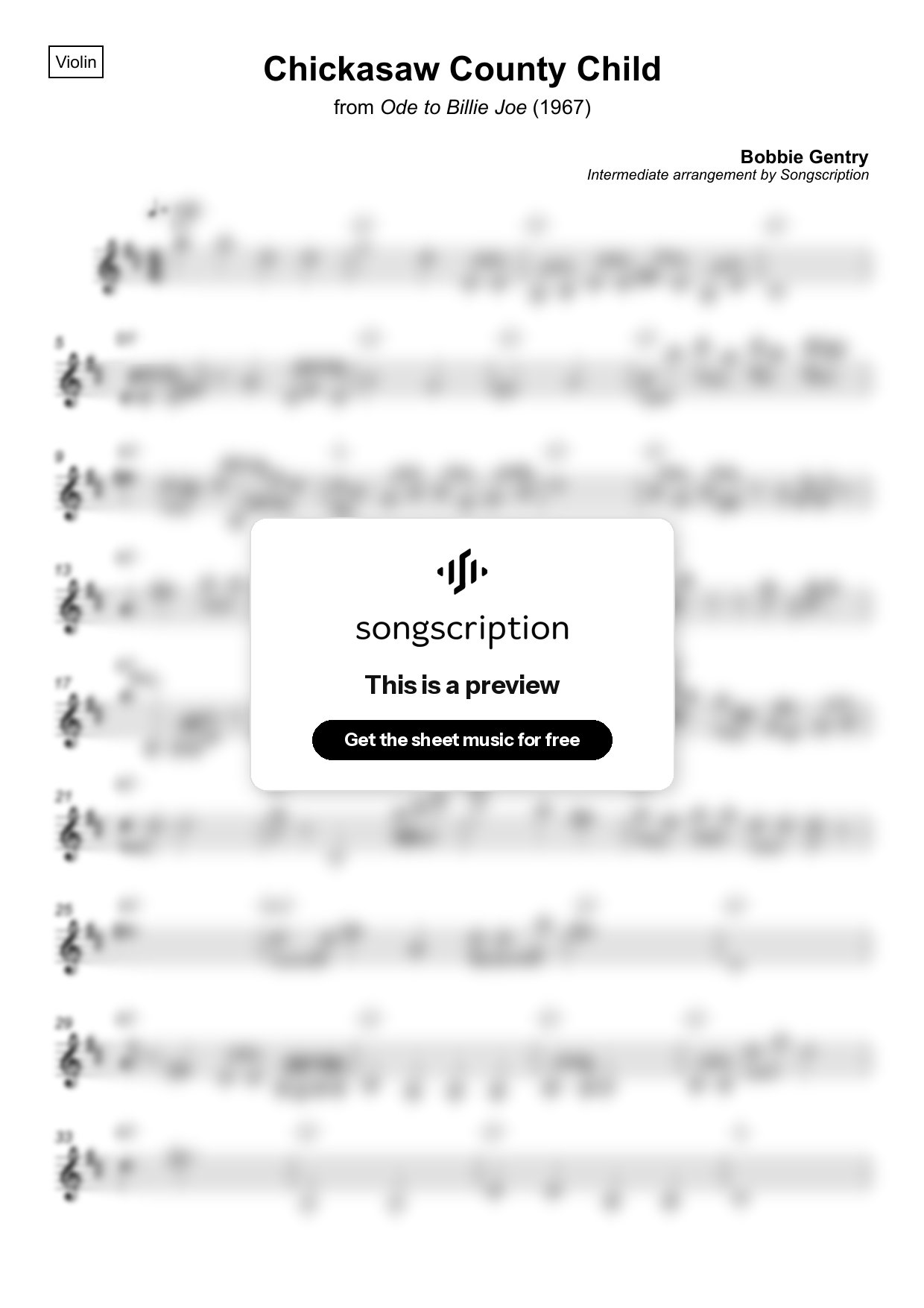 Intermediate Violin Sheet Music for "Chickasaw County Child" by Bobbie Gentry