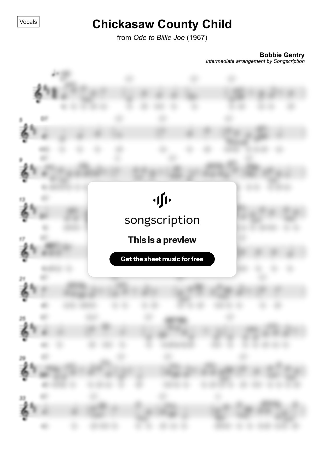 Intermediate Vocals Sheet Music for "Chickasaw County Child" by Bobbie Gentry