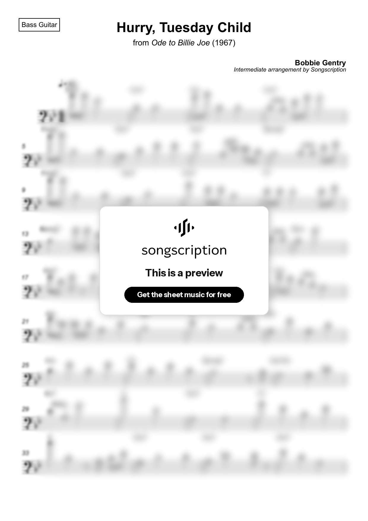 Intermediate Bass Guitar Sheet Music for "Hurry, Tuesday Child" by Bobbie Gentry