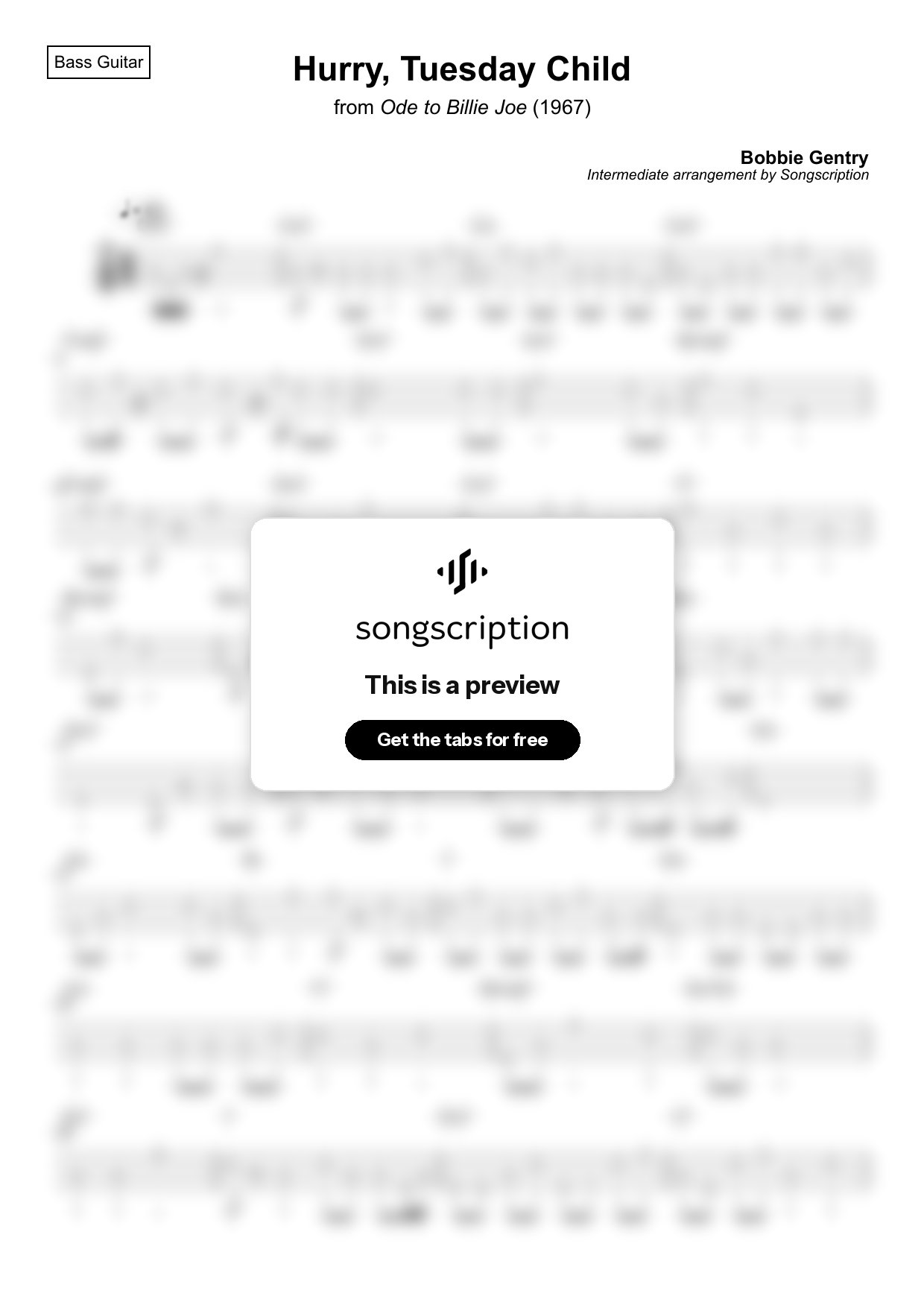 Intermediate Bass Guitar Tabs for "Hurry, Tuesday Child" by Bobbie Gentry