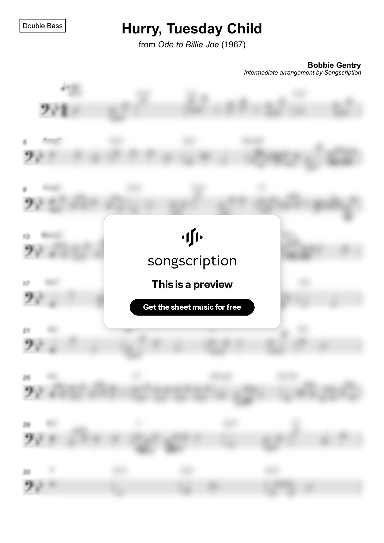 Intermediate Double Bass Sheet Music for "Hurry, Tuesday Child" by Bobbie Gentry