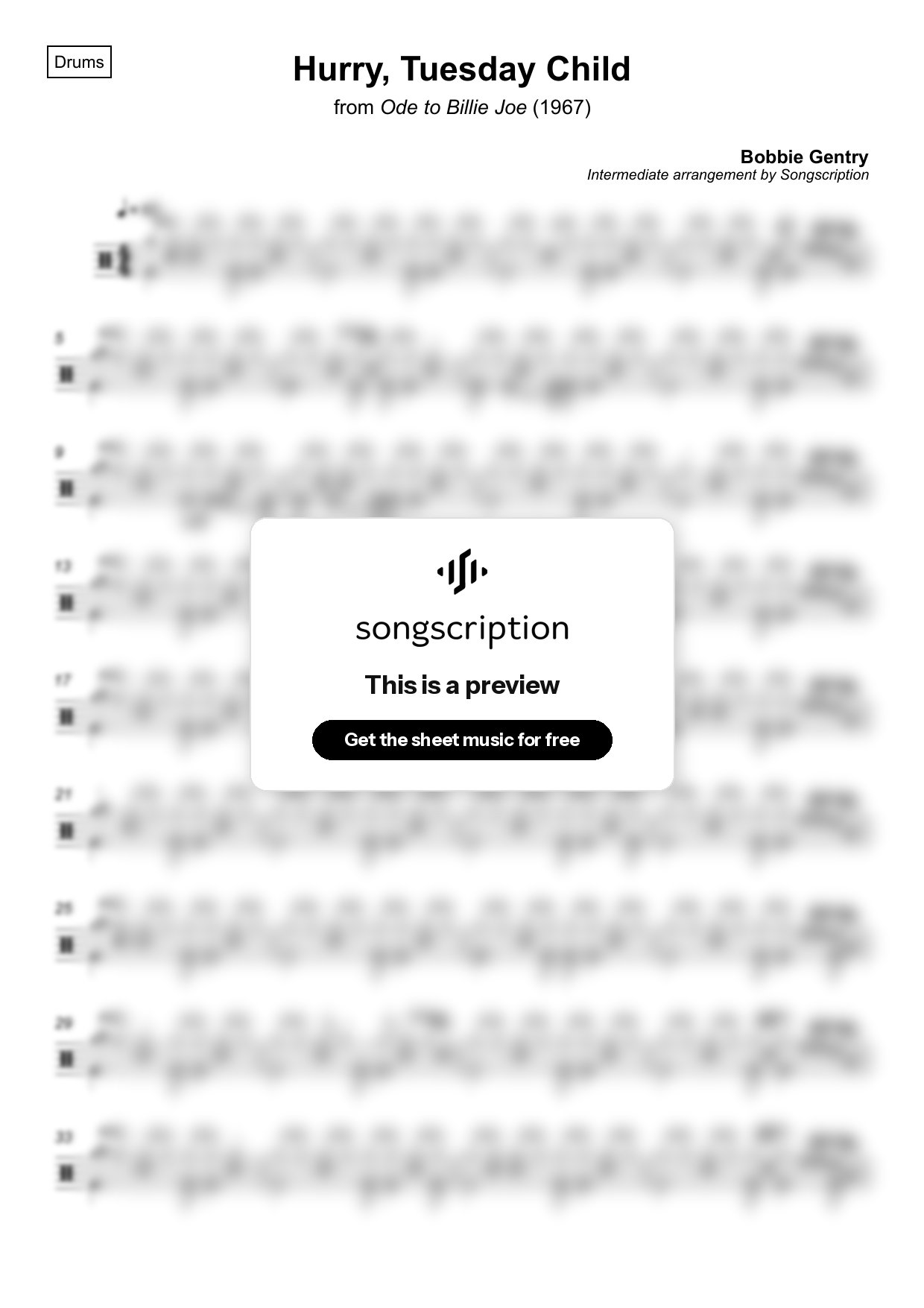 Intermediate Drums Sheet Music for "Hurry, Tuesday Child" by Bobbie Gentry