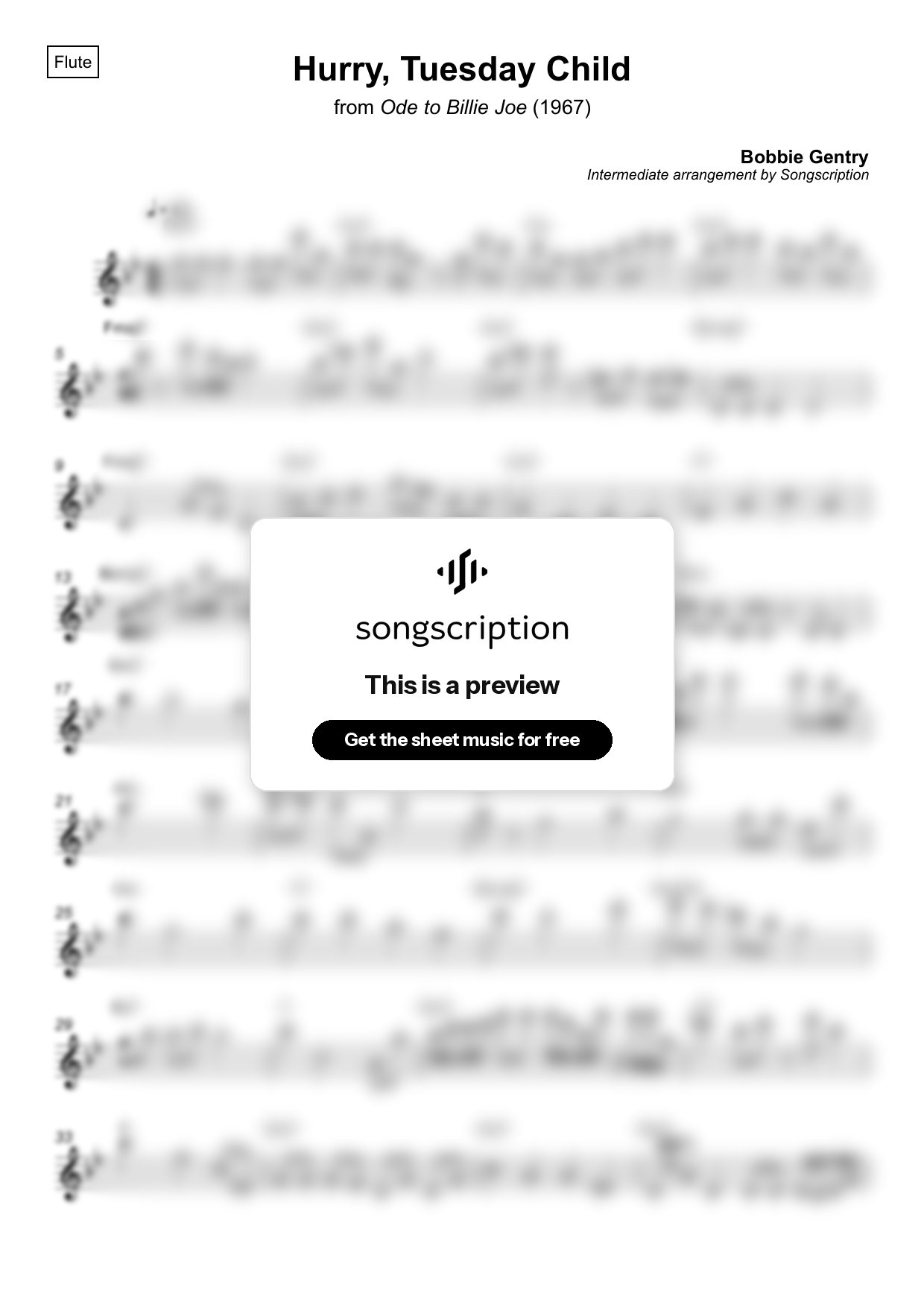 Intermediate Flute Sheet Music for "Hurry, Tuesday Child" by Bobbie Gentry