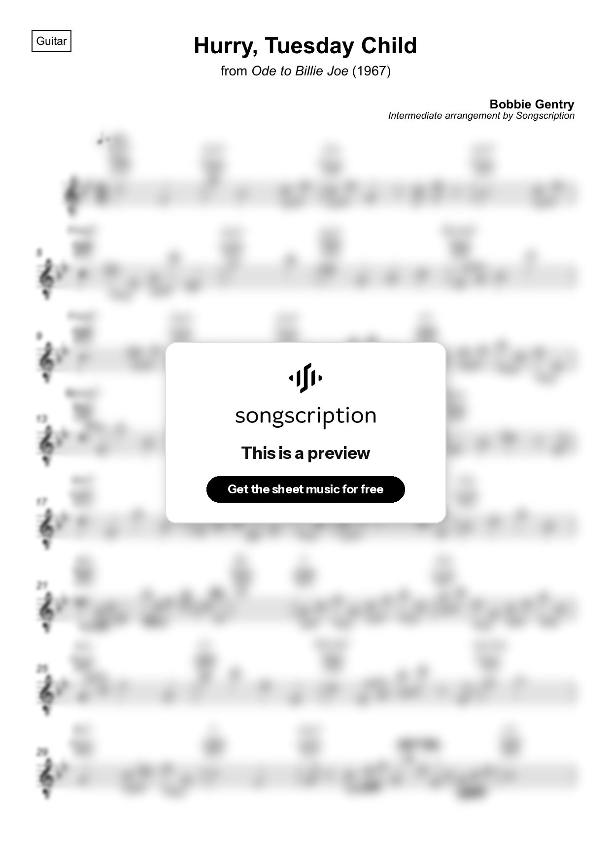 Intermediate Acoustic Guitar Sheet Music for "Hurry, Tuesday Child" by Bobbie Gentry