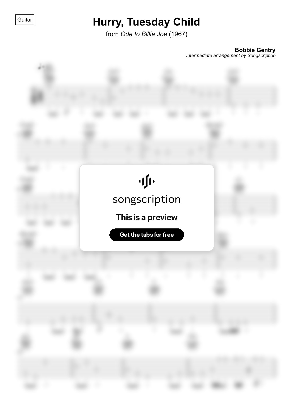 Intermediate Acoustic Guitar Tabs for "Hurry, Tuesday Child" by Bobbie Gentry