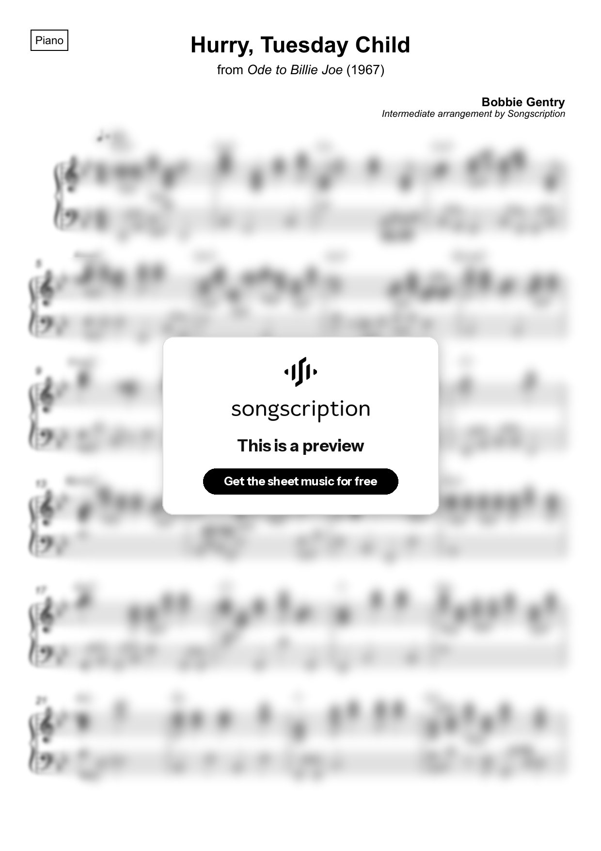 Intermediate Piano Sheet Music for "Hurry, Tuesday Child" by Bobbie Gentry