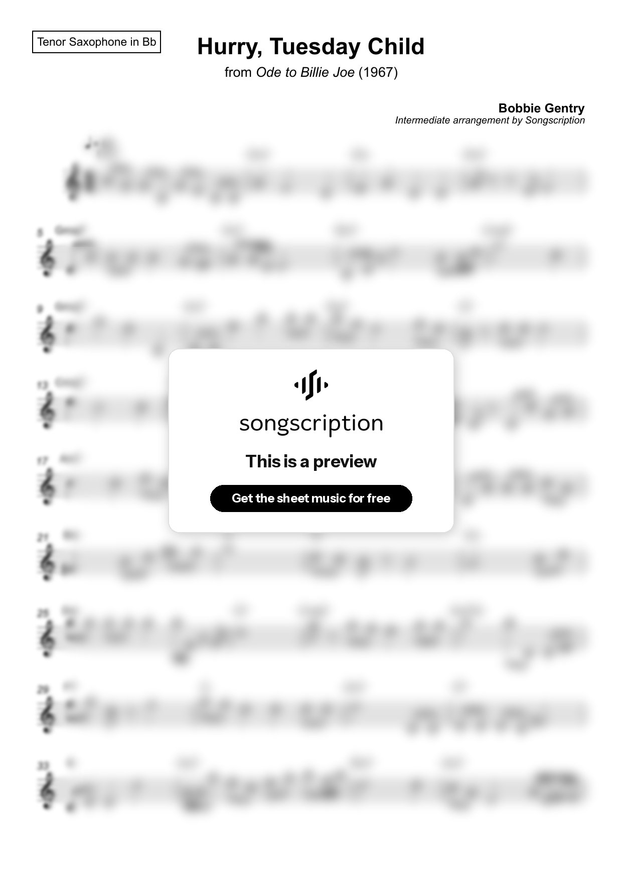 Intermediate Tenor Sax Sheet Music for "Hurry, Tuesday Child" by Bobbie Gentry