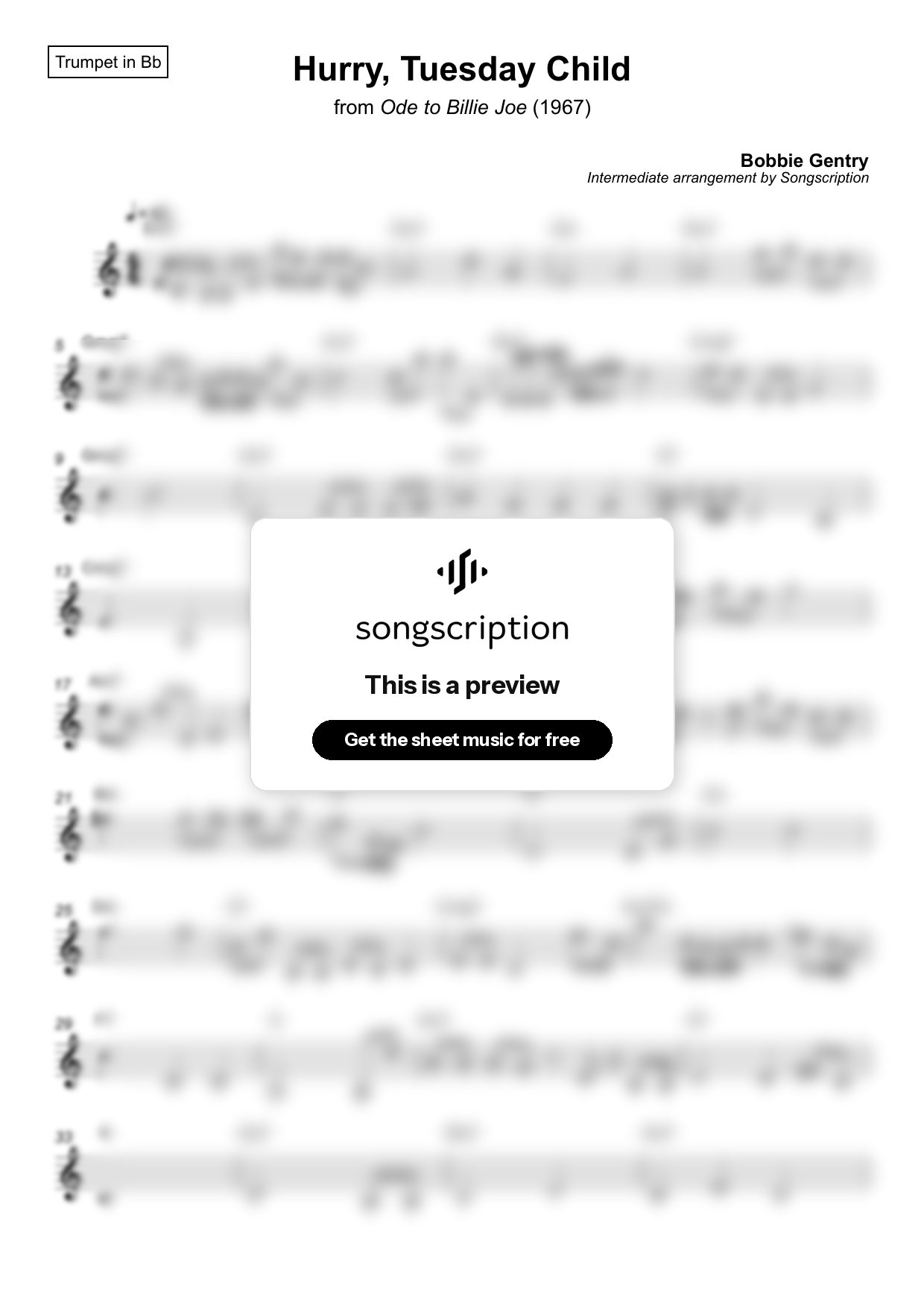 Intermediate Trumpet Sheet Music for "Hurry, Tuesday Child" by Bobbie Gentry