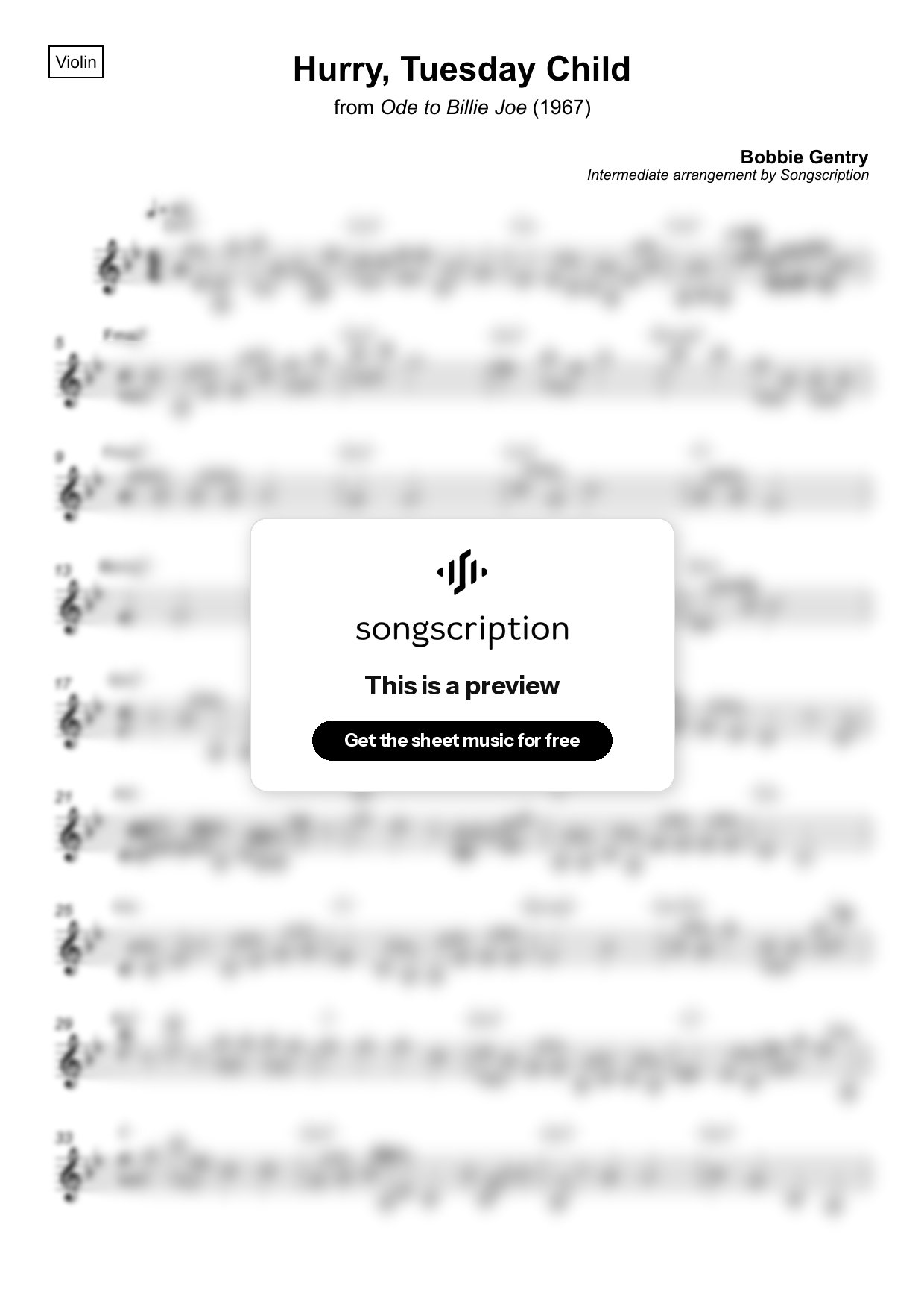 Intermediate Violin Sheet Music for "Hurry, Tuesday Child" by Bobbie Gentry