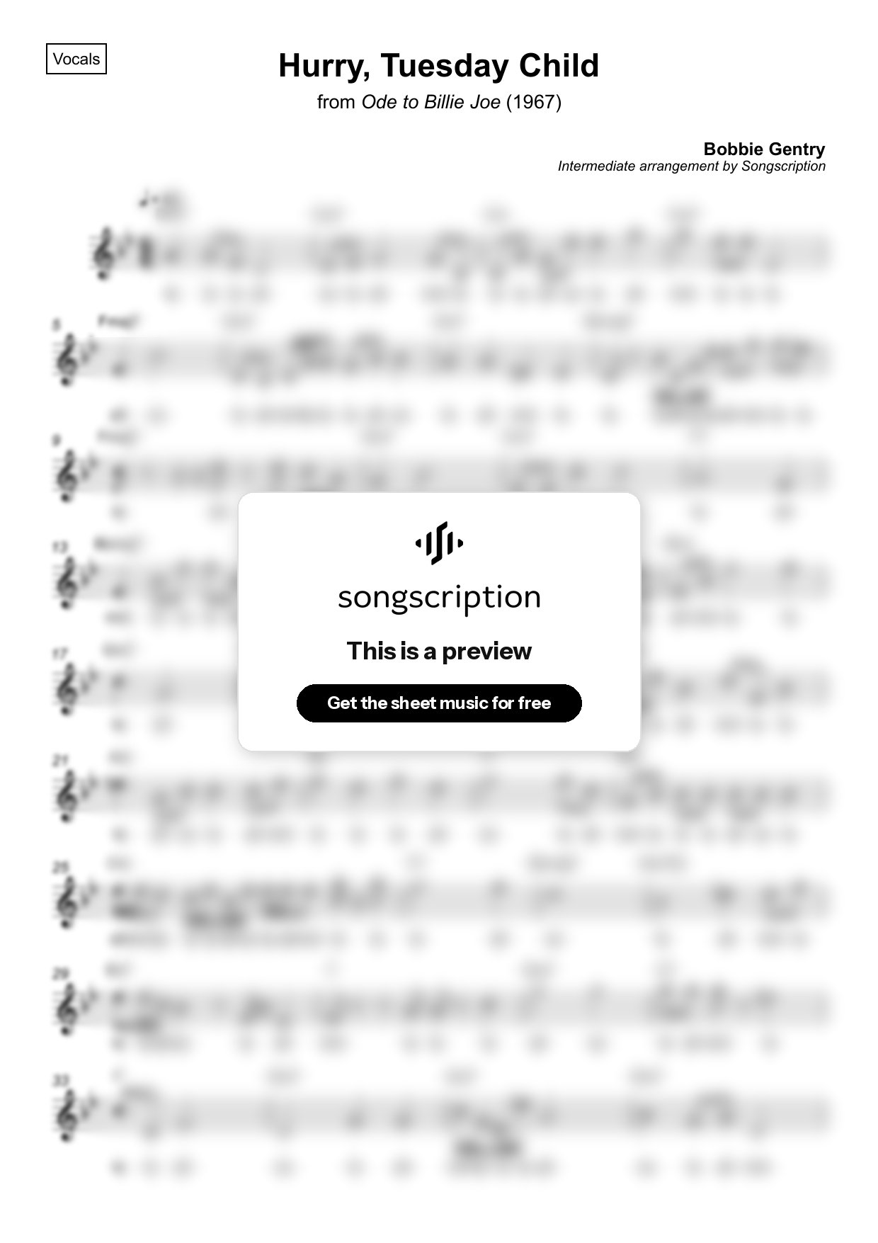 Intermediate Vocals Sheet Music for "Hurry, Tuesday Child" by Bobbie Gentry