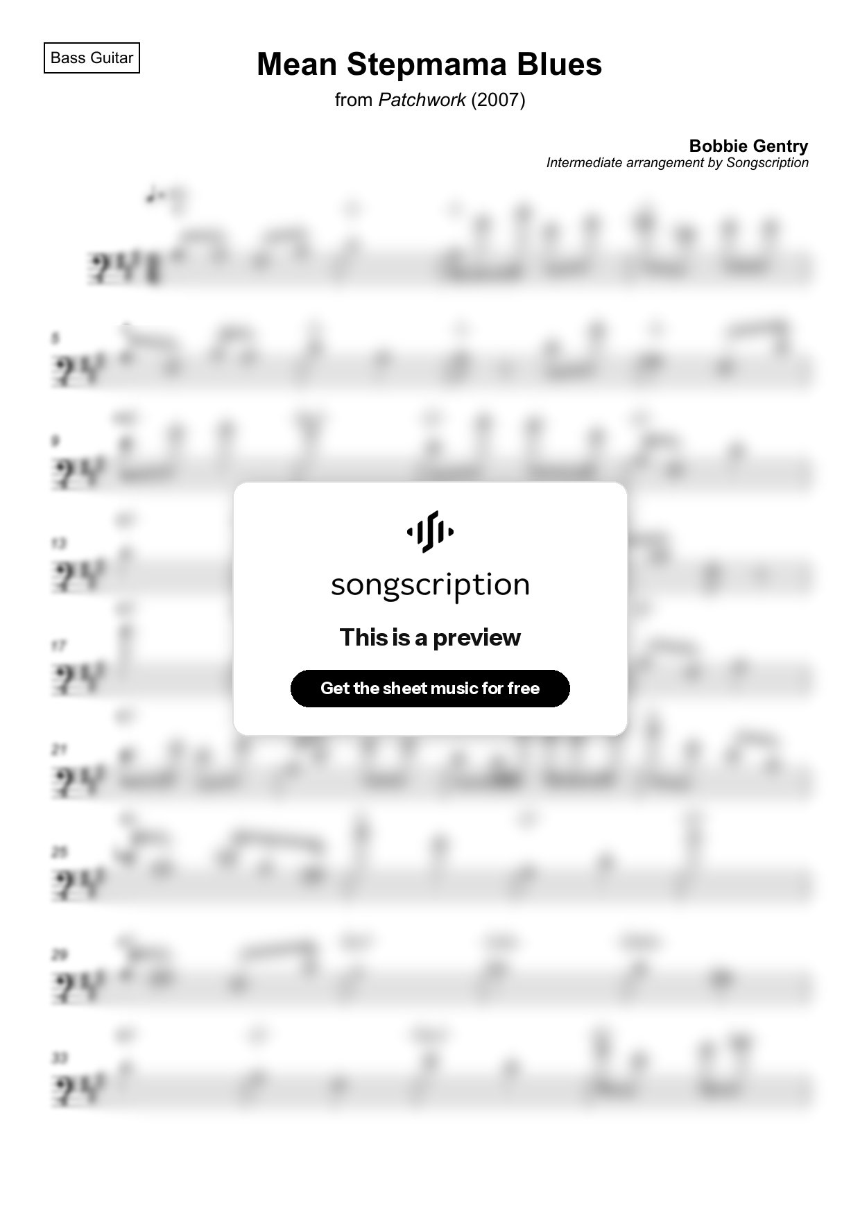 Intermediate Bass Guitar Sheet Music for "Mean Stepmama Blues" by Bobbie Gentry