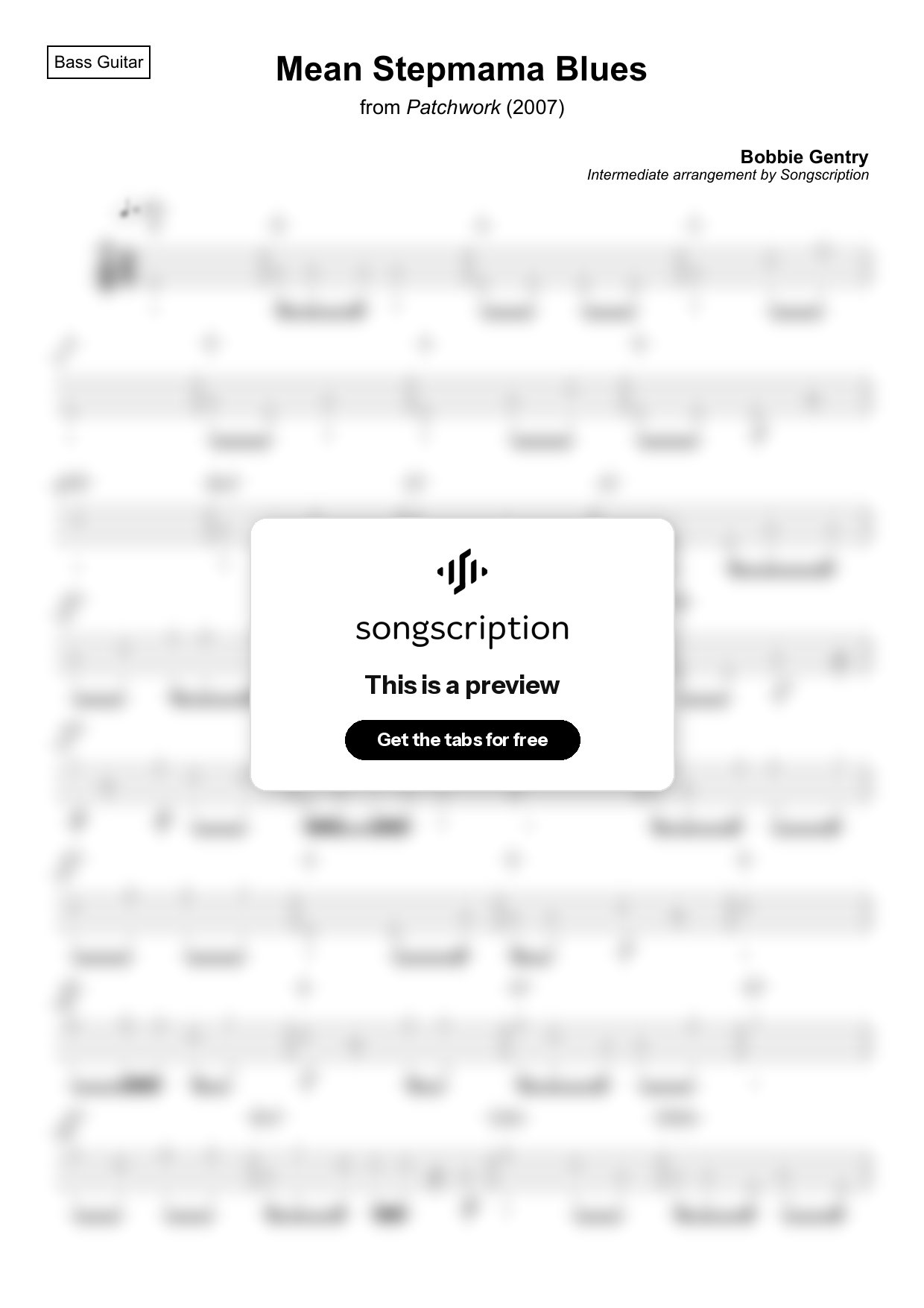 Intermediate Bass Guitar Tabs for "Mean Stepmama Blues" by Bobbie Gentry