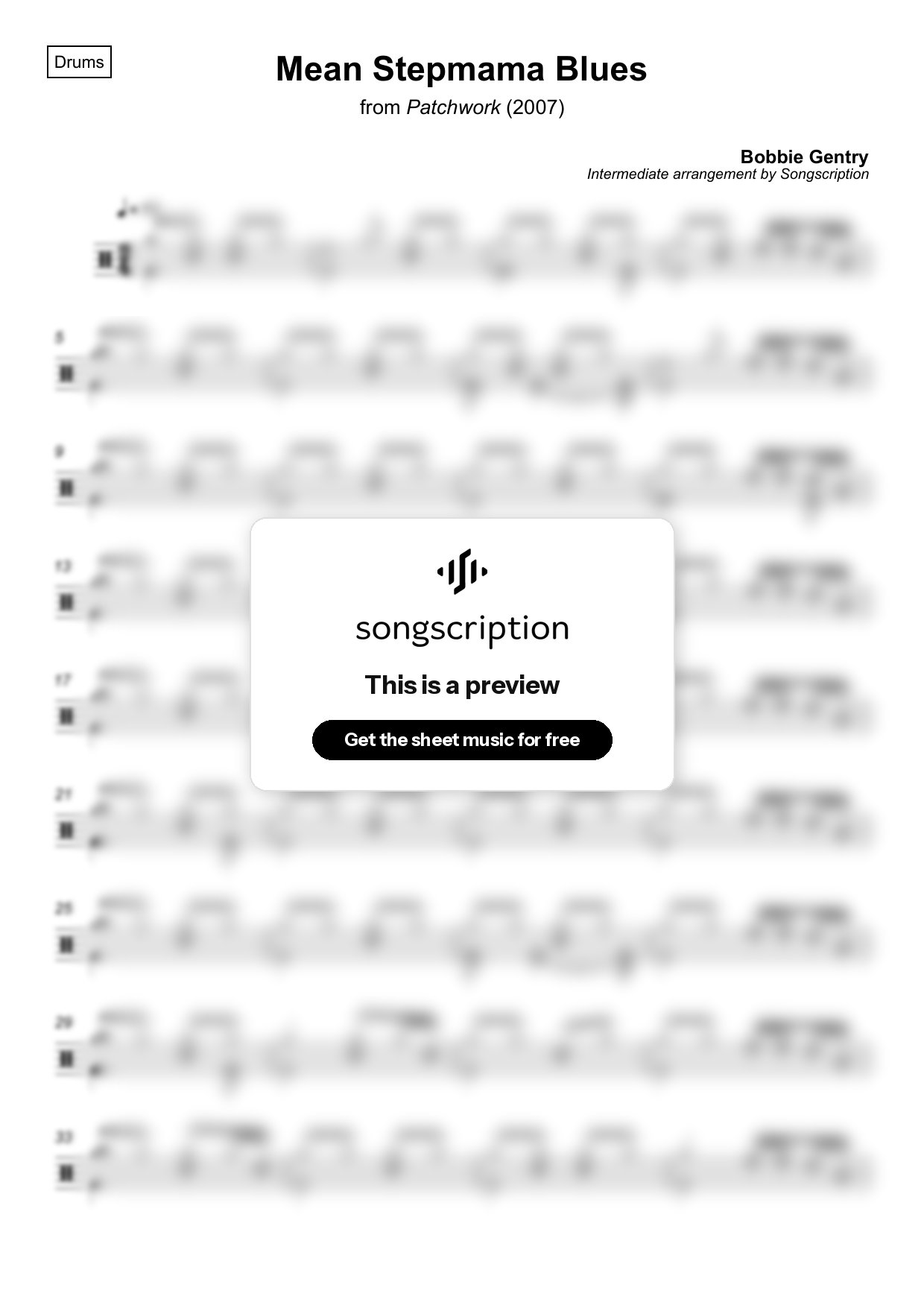 Intermediate Drums Sheet Music for "Mean Stepmama Blues" by Bobbie Gentry