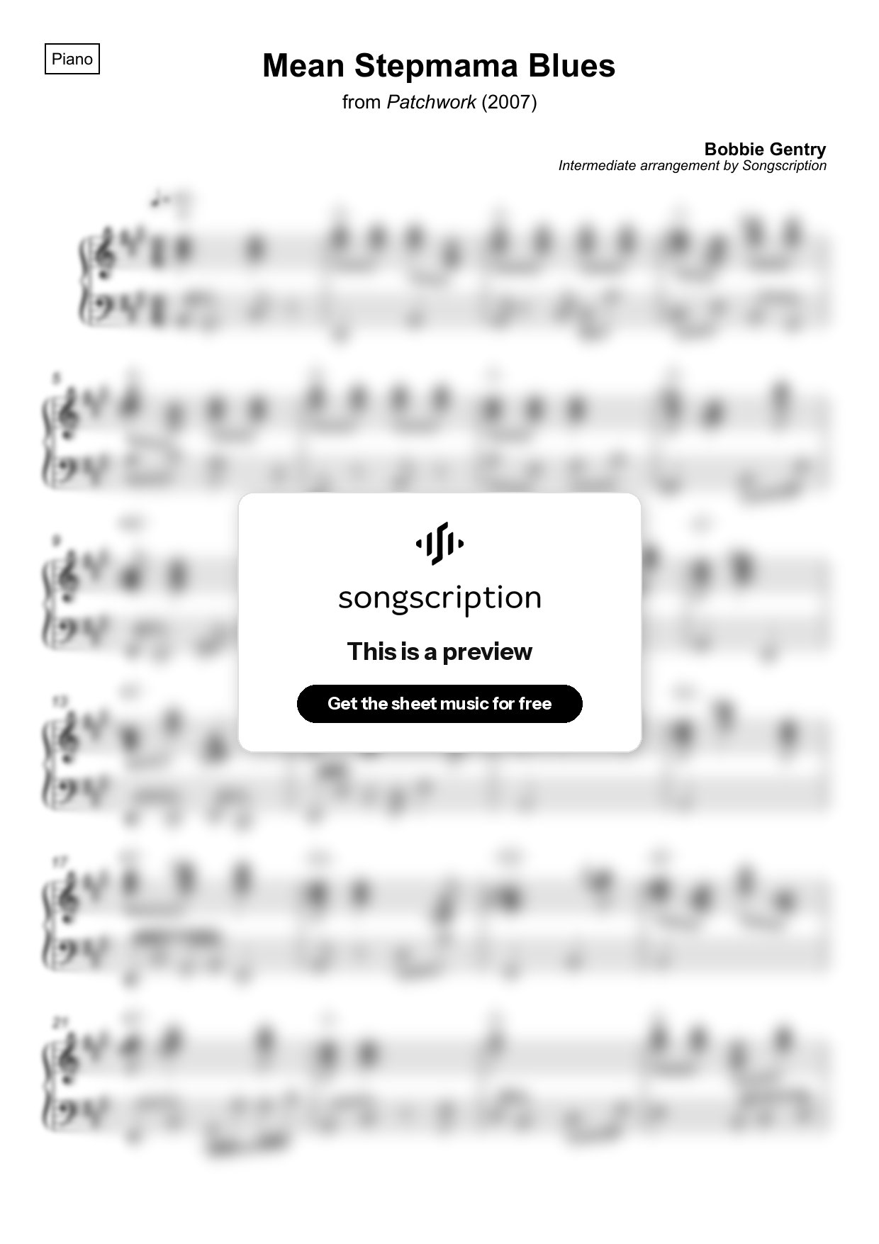 Intermediate Piano Sheet Music for "Mean Stepmama Blues" by Bobbie Gentry
