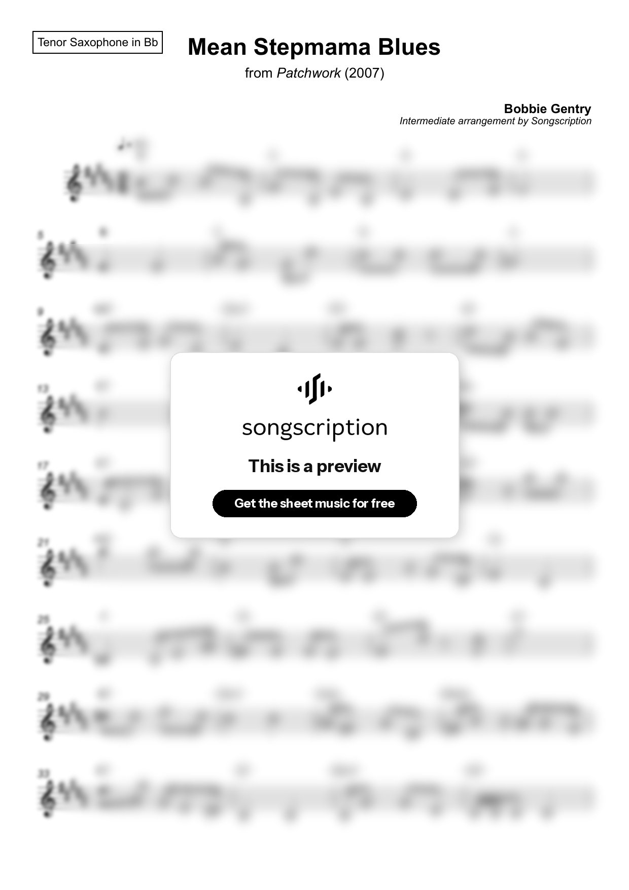 Intermediate Tenor Sax Sheet Music for "Mean Stepmama Blues" by Bobbie Gentry